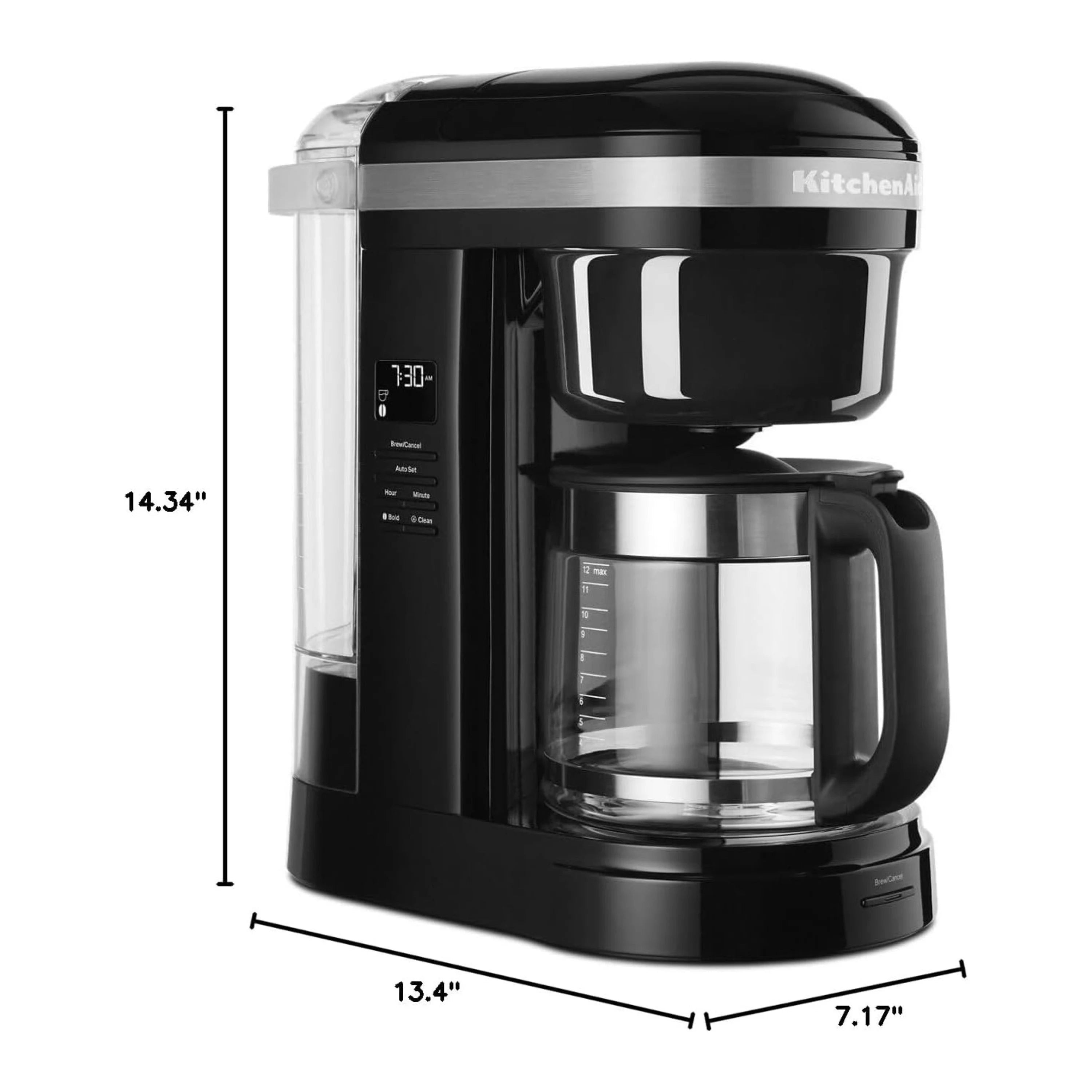 KitchenAid 12-cup drip coffee maker matte charcoal gray, side view with size labels
