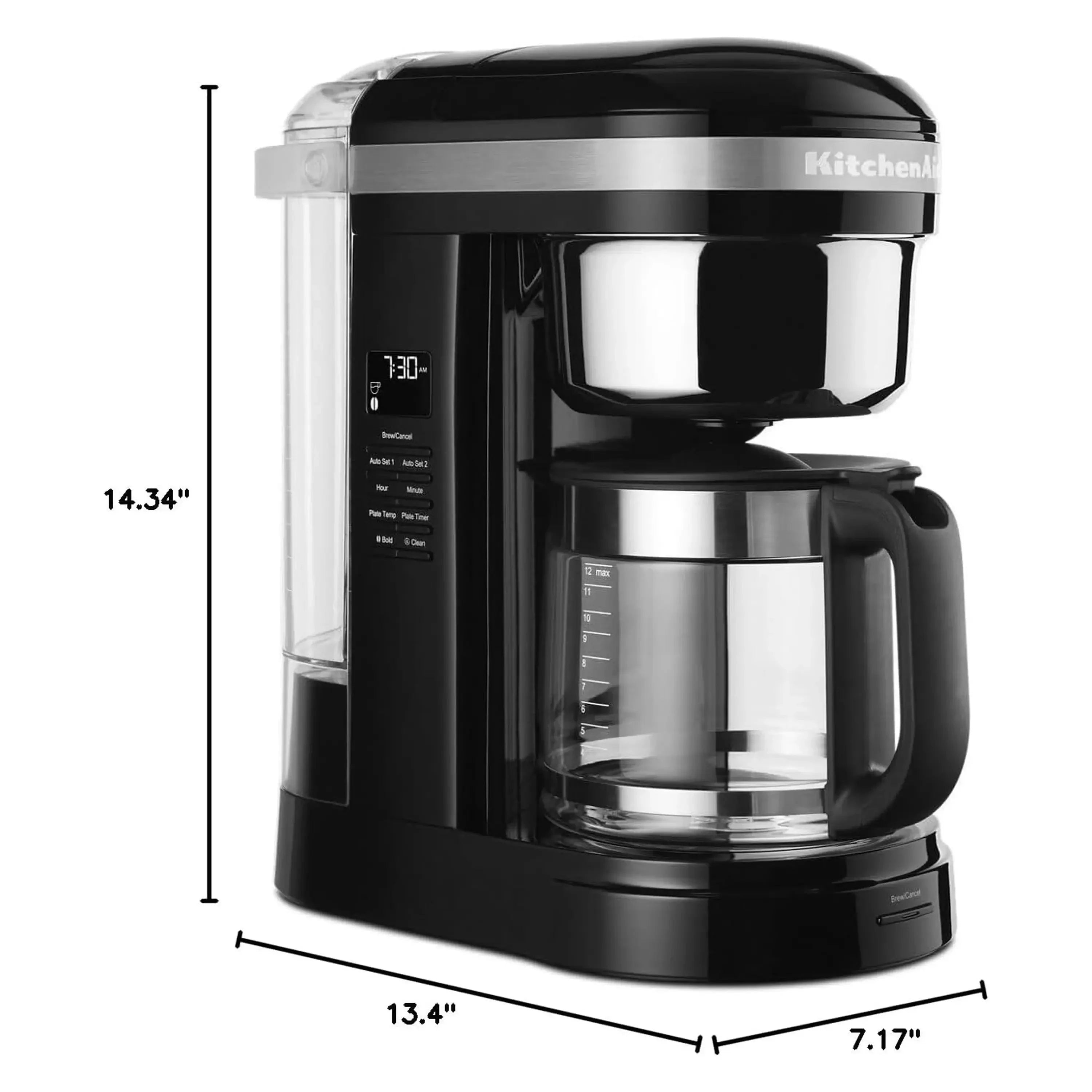 KitchenAid 12-cup drip coffee maker Onyx black, front view with measurement graphic