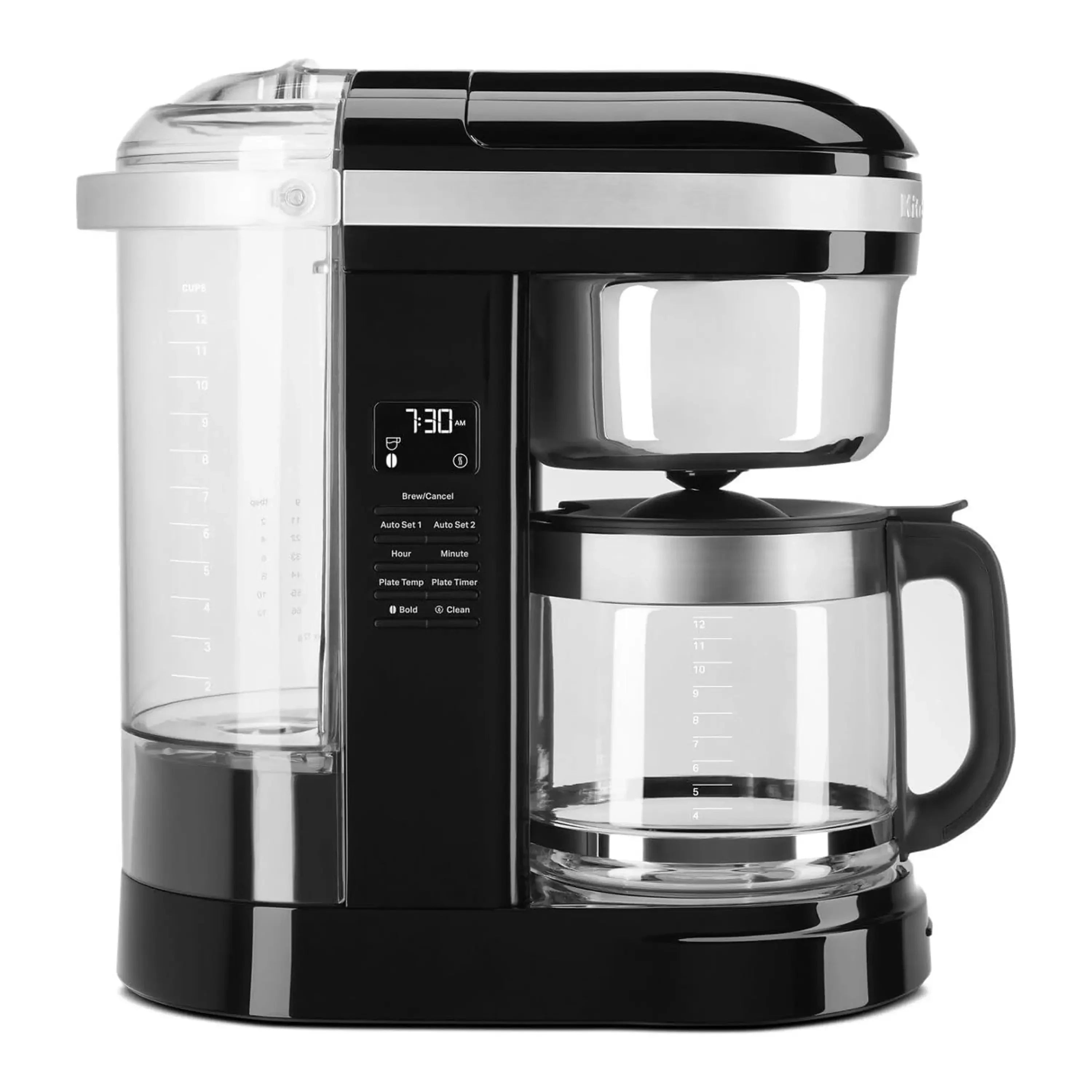KitchenAid 12-cup drip coffee maker, Onyx black, side view with carafe and display