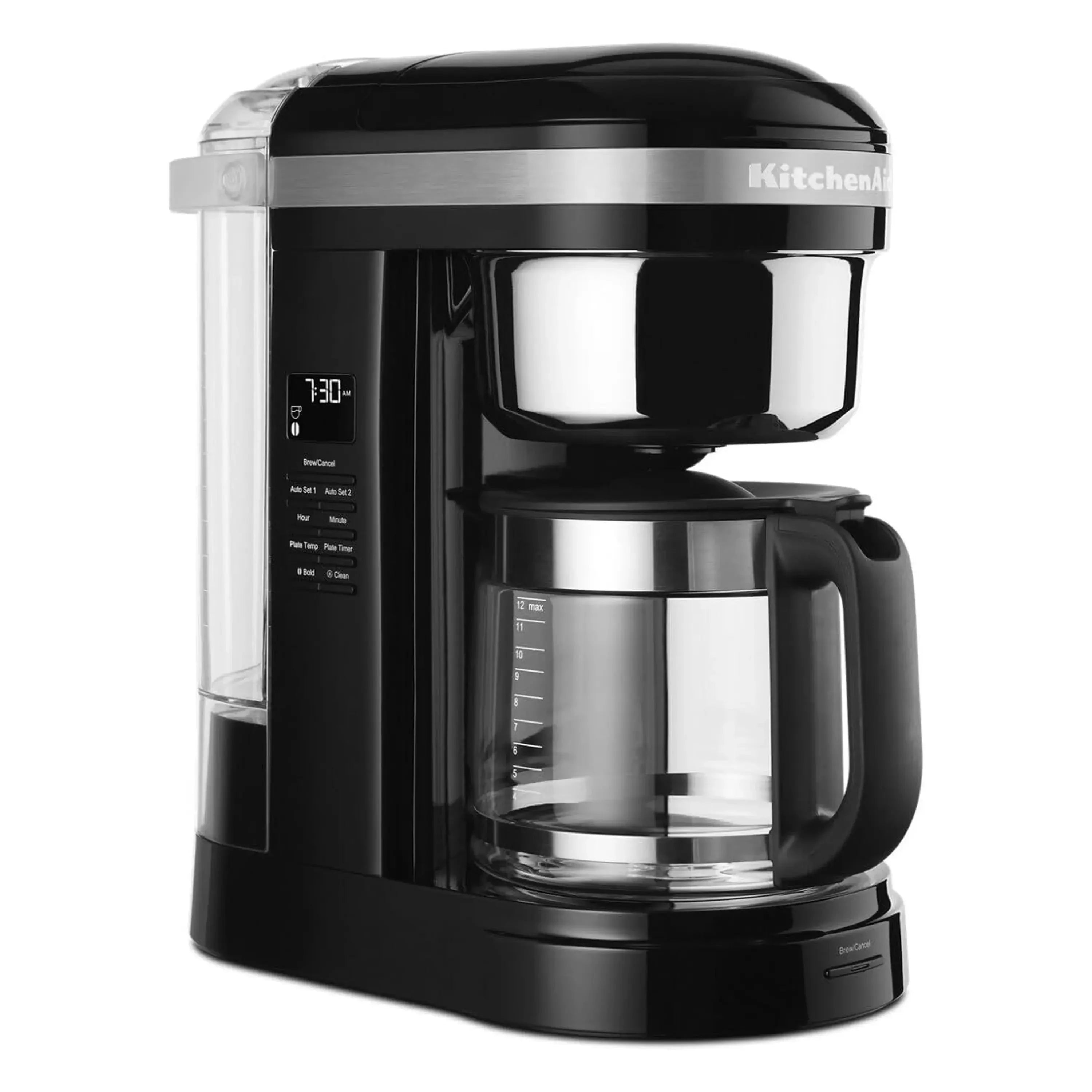 KitchenAid 12-cup drip coffee maker Onyx black, front view with control panel