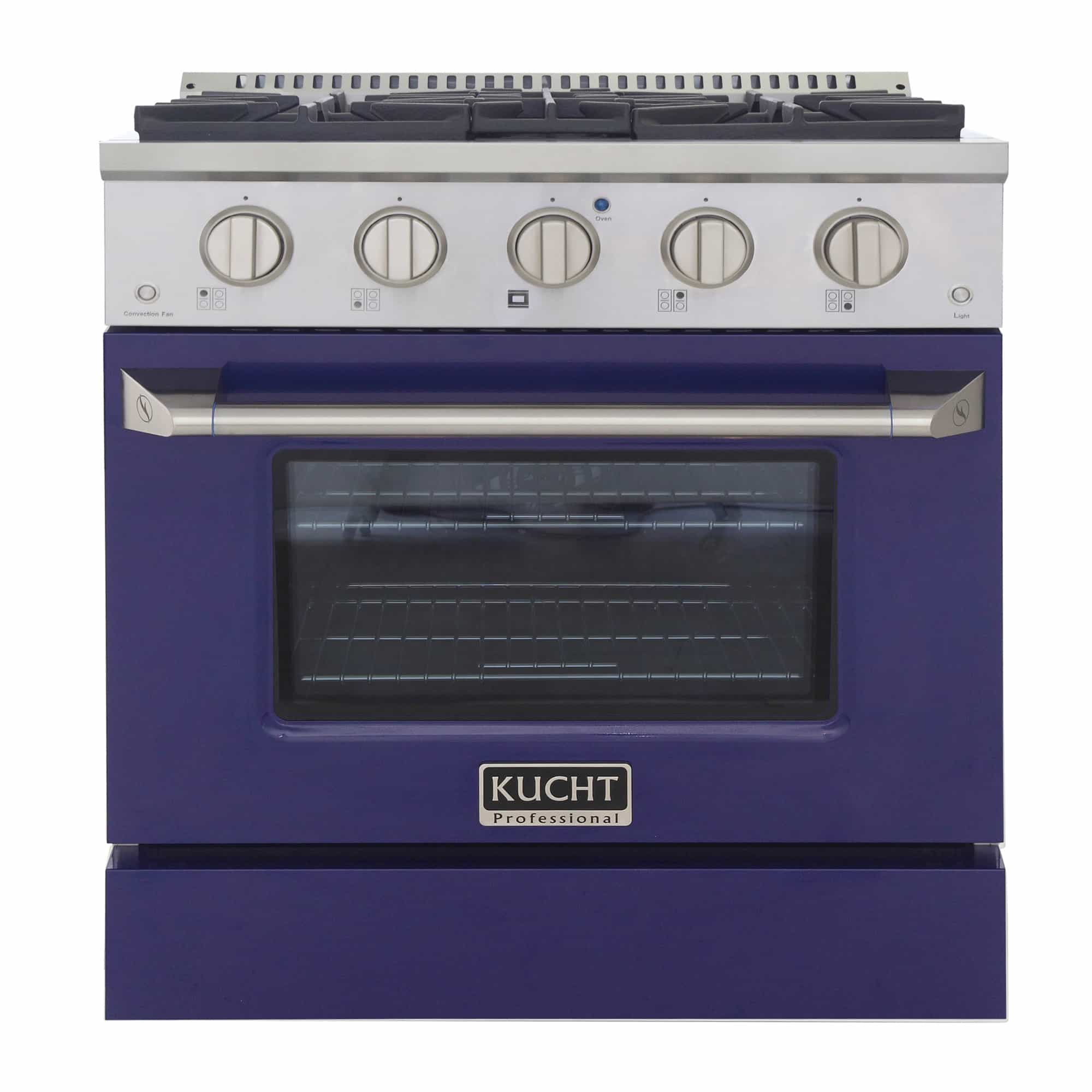 Stainless dual fuel range with blue oven door, control knobs, and 5-burner cooktop.
