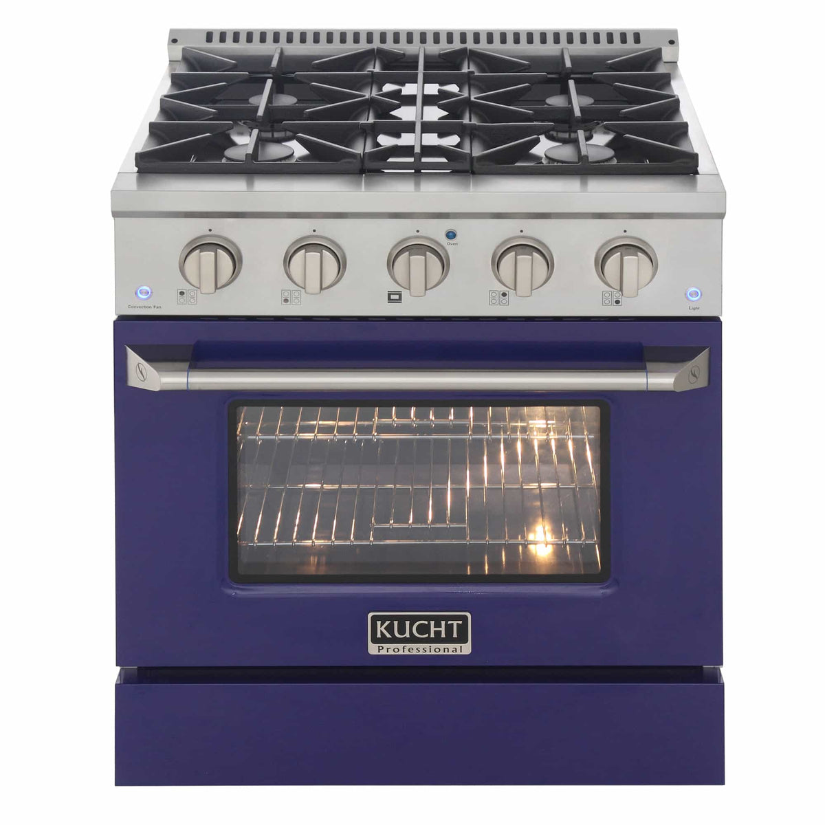 Stainless dual fuel range with blue oven door and illuminated oven cavity with racks.