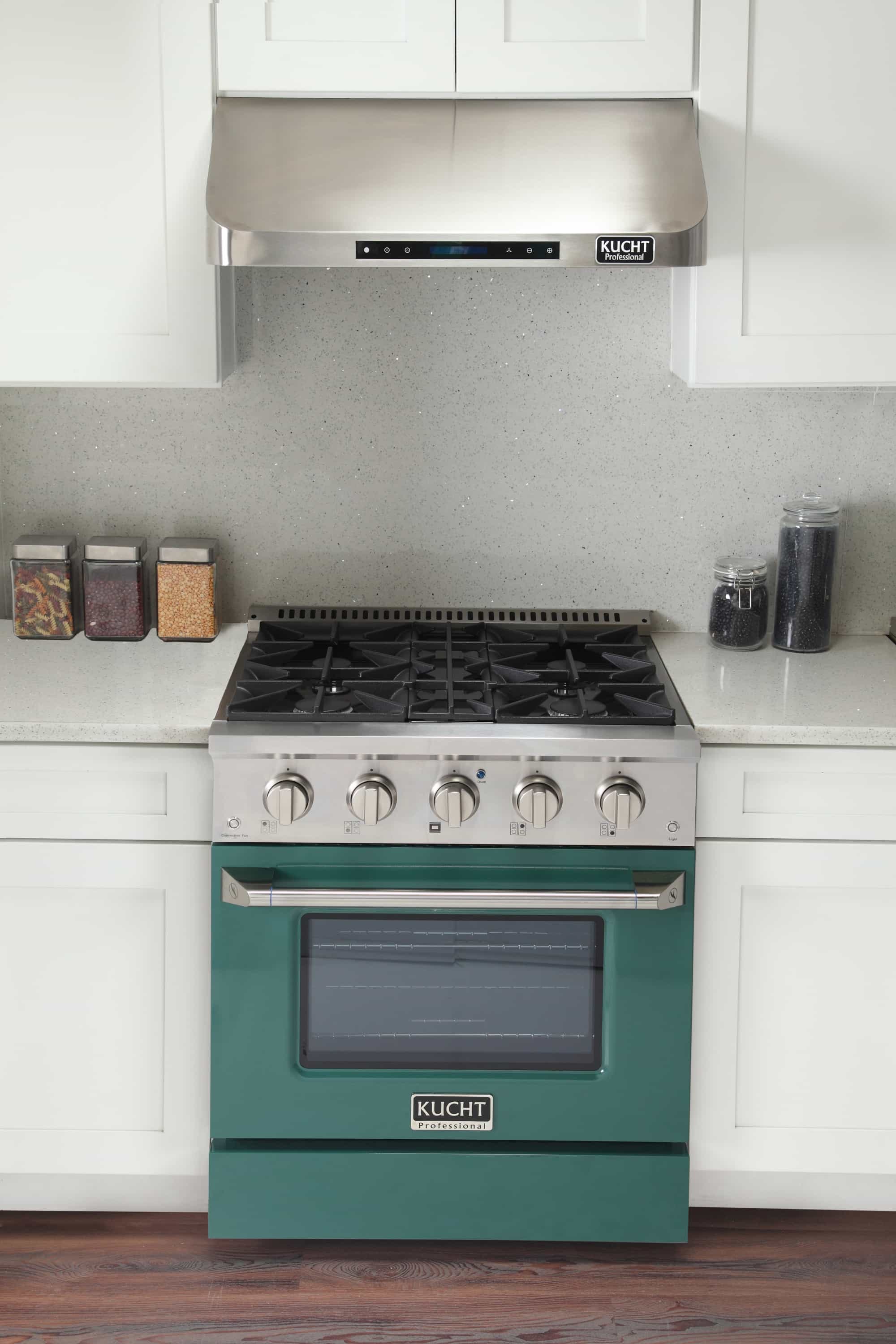 Stainless steel dual fuel range with black burner grates and green oven door