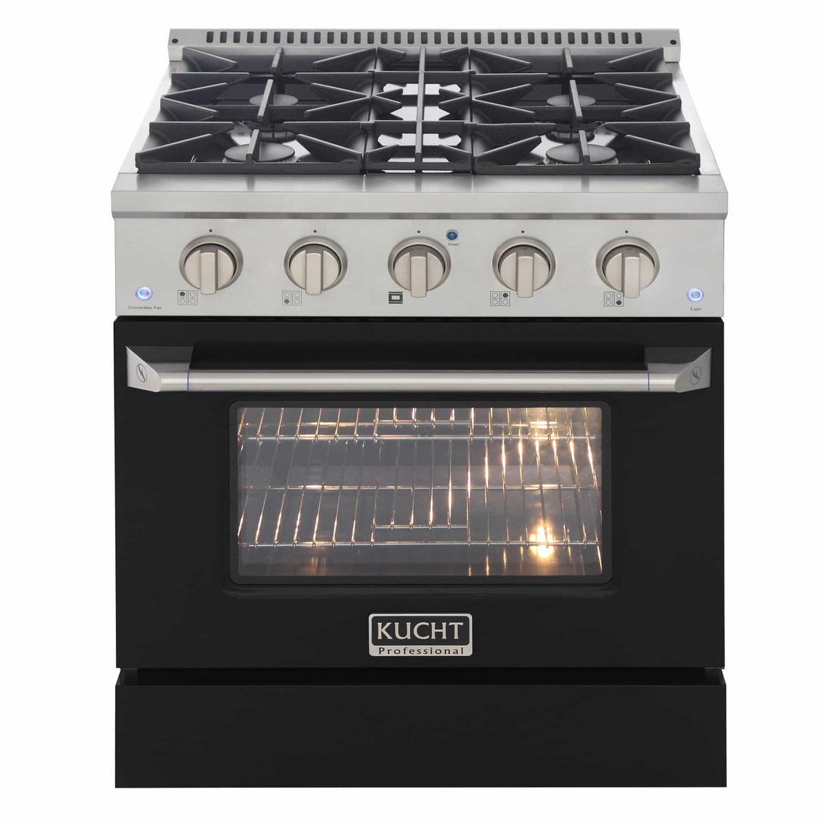 Stainless steel dual fuel range with lit oven interior behind glass door