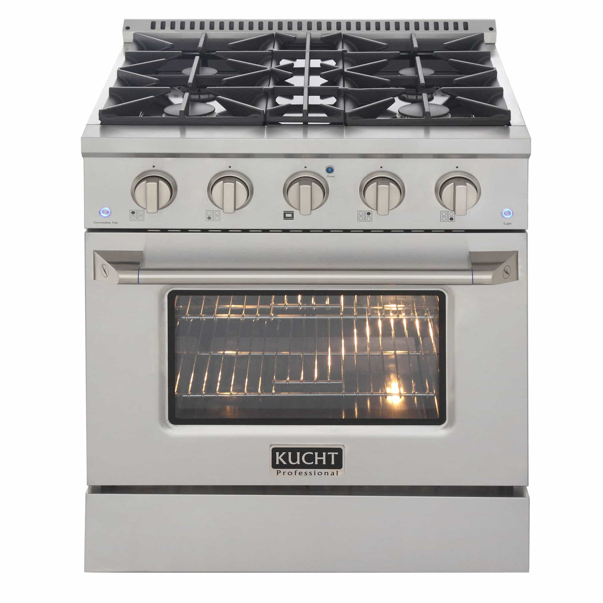 Stainless steel dual fuel range with black burner grates and lit oven