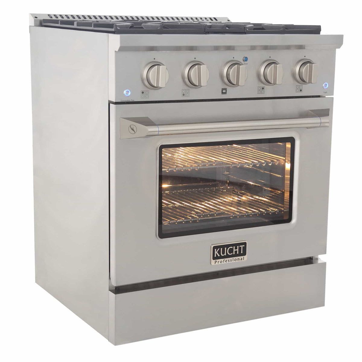 Stainless steel dual fuel range with control knobs and lit oven window