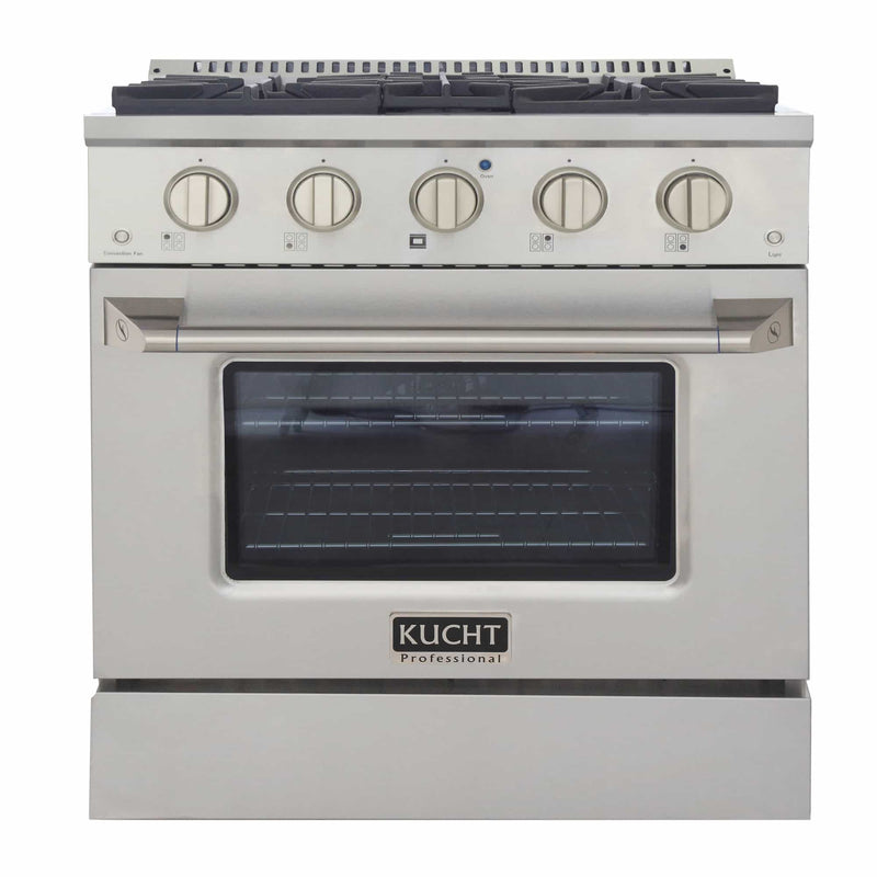 Kucht 5-Piece Appliance Package - 30-Inch Dual Fuel Range in Propane Gas with 36-Inch Panel Ready Refrigerator, Wall Mount Hood, Panel Ready Dishwasher, & Microwave Oven in Stainless Steel (APKPR5-KDF302/LP-S-10A-MWO)