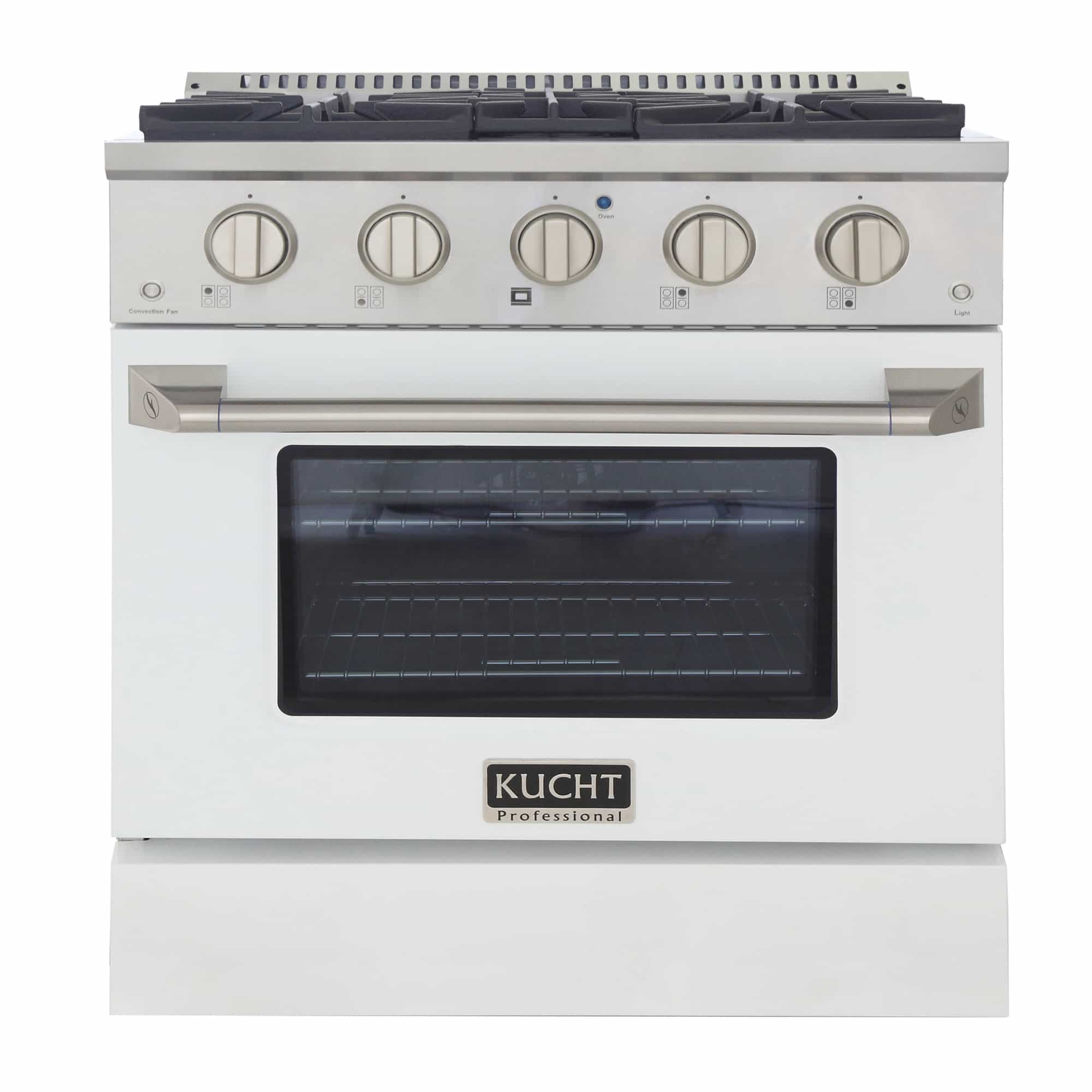 Stainless steel dual fuel range with white oven door and five gas burner knobs