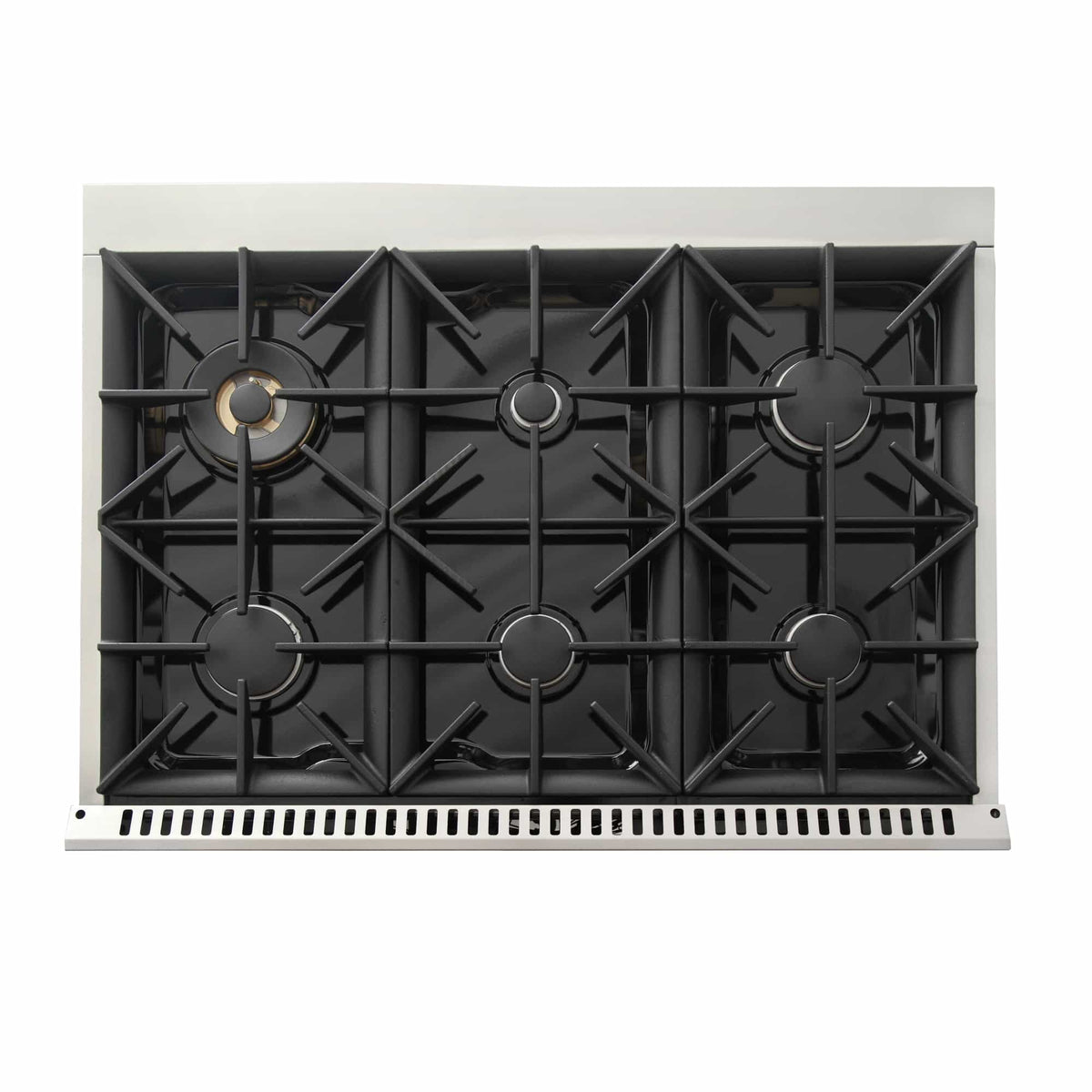 Black burner grates and gas burners on the top of a dual fuel range
