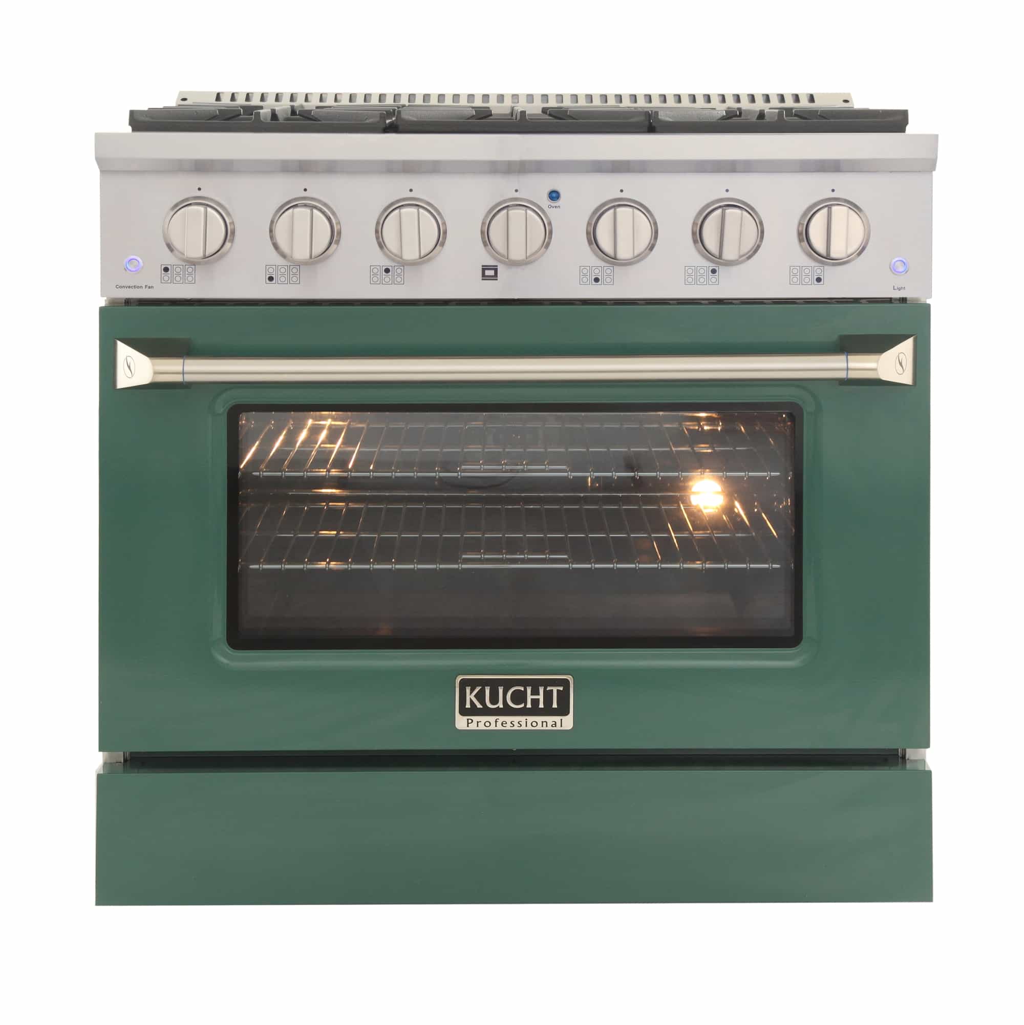 Stainless dual fuel range with green oven door and lit oven window; front control knobs