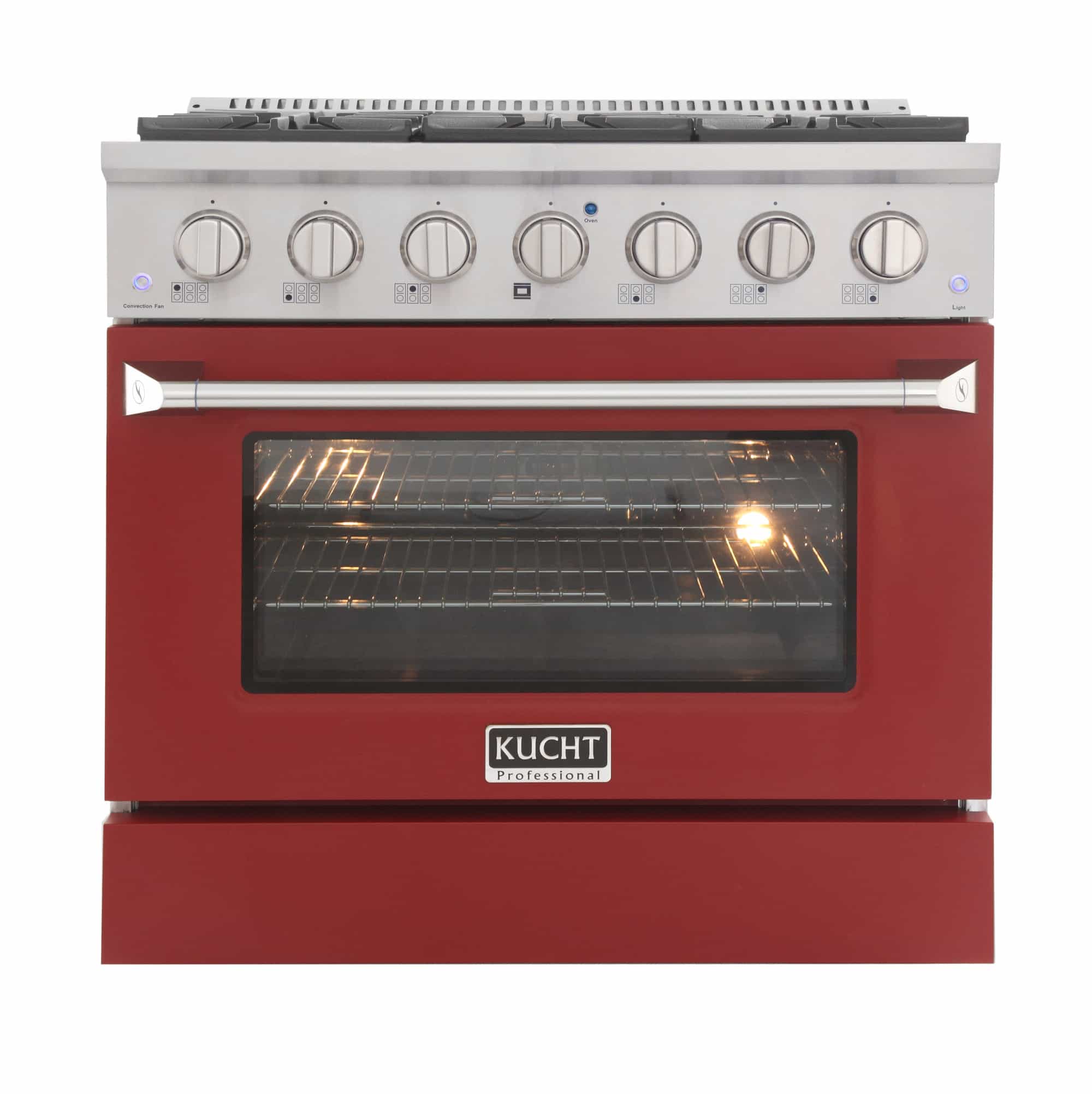 Kucht stainless and red dual fuel range with oven window and control knobs