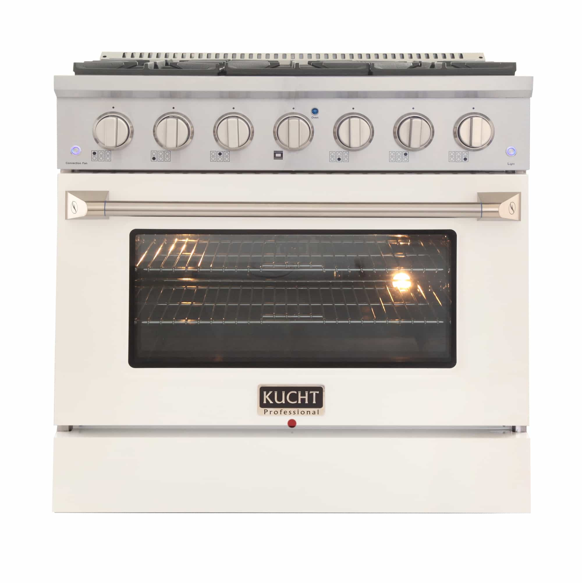 Stainless steel 36-inch dual fuel range with white oven door and front control knobs