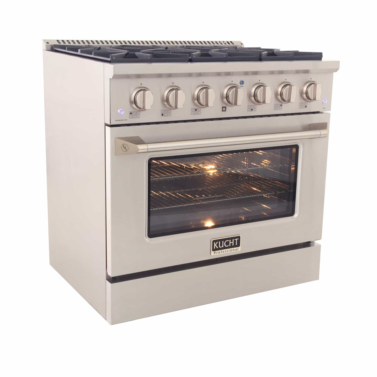 Stainless dual fuel range side view with control knobs and lit oven window