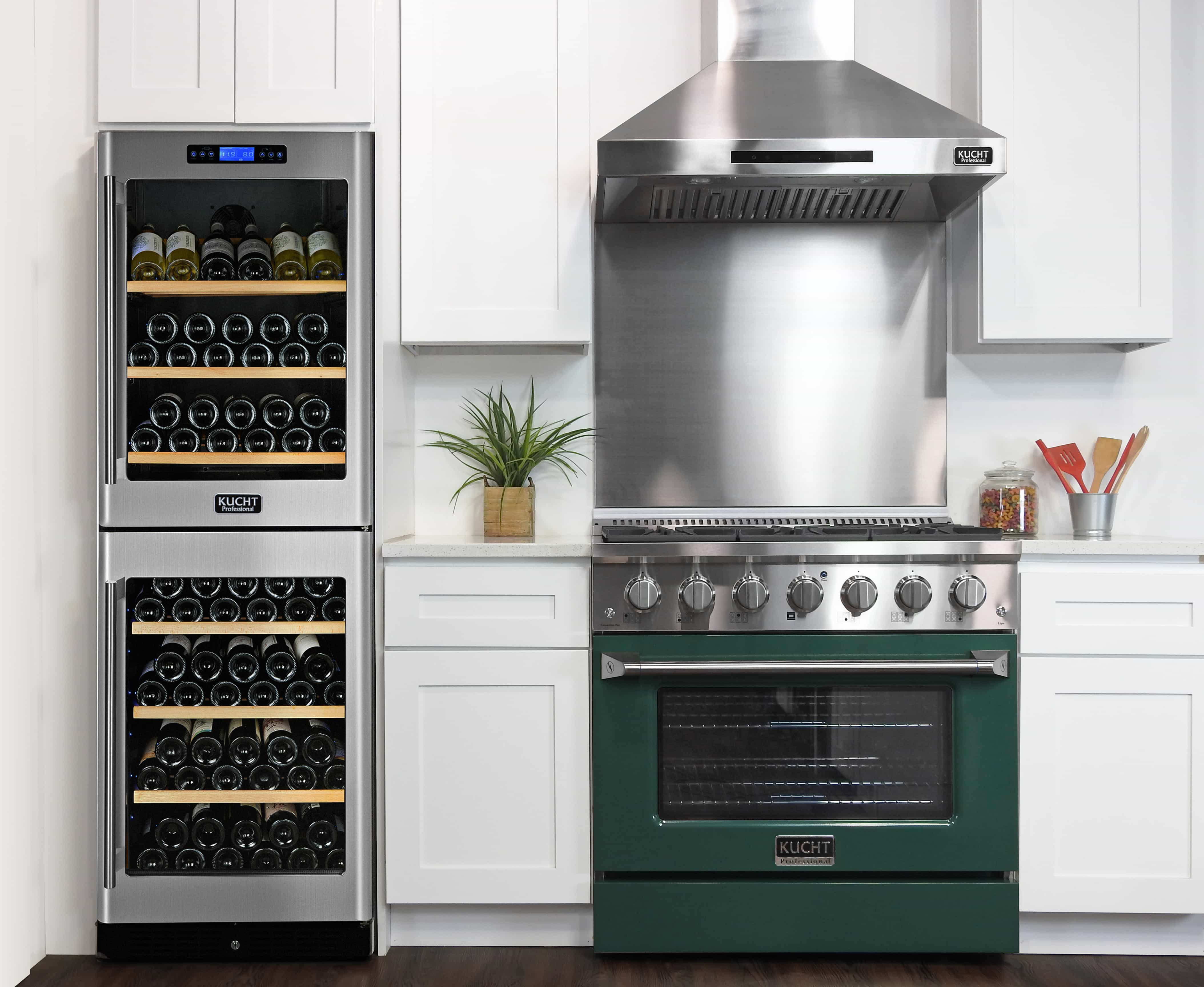 Dual fuel range with green oven door, stainless finish, and gas cooktop with burners visible