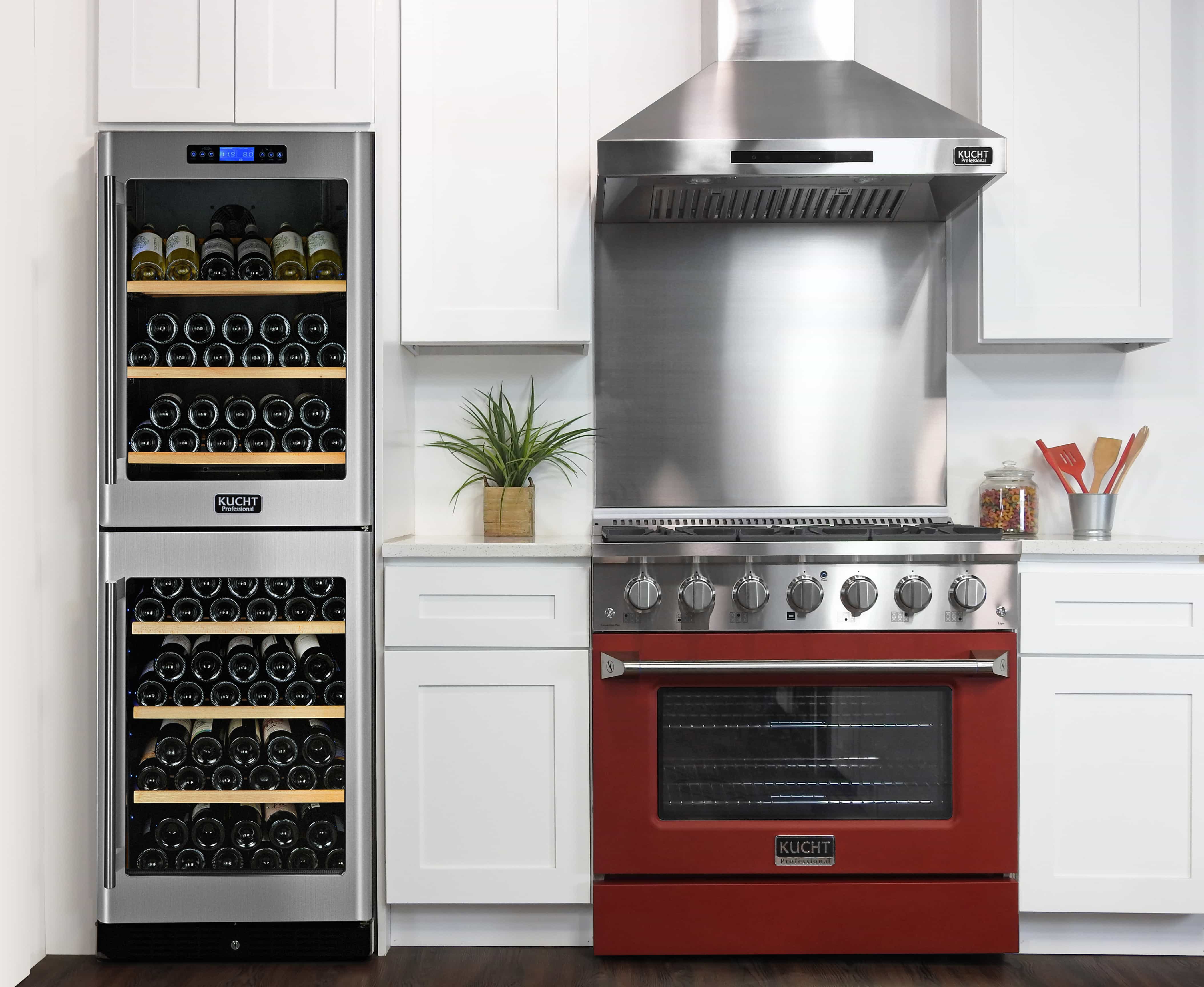Stainless dual fuel range with red oven door and burner controls