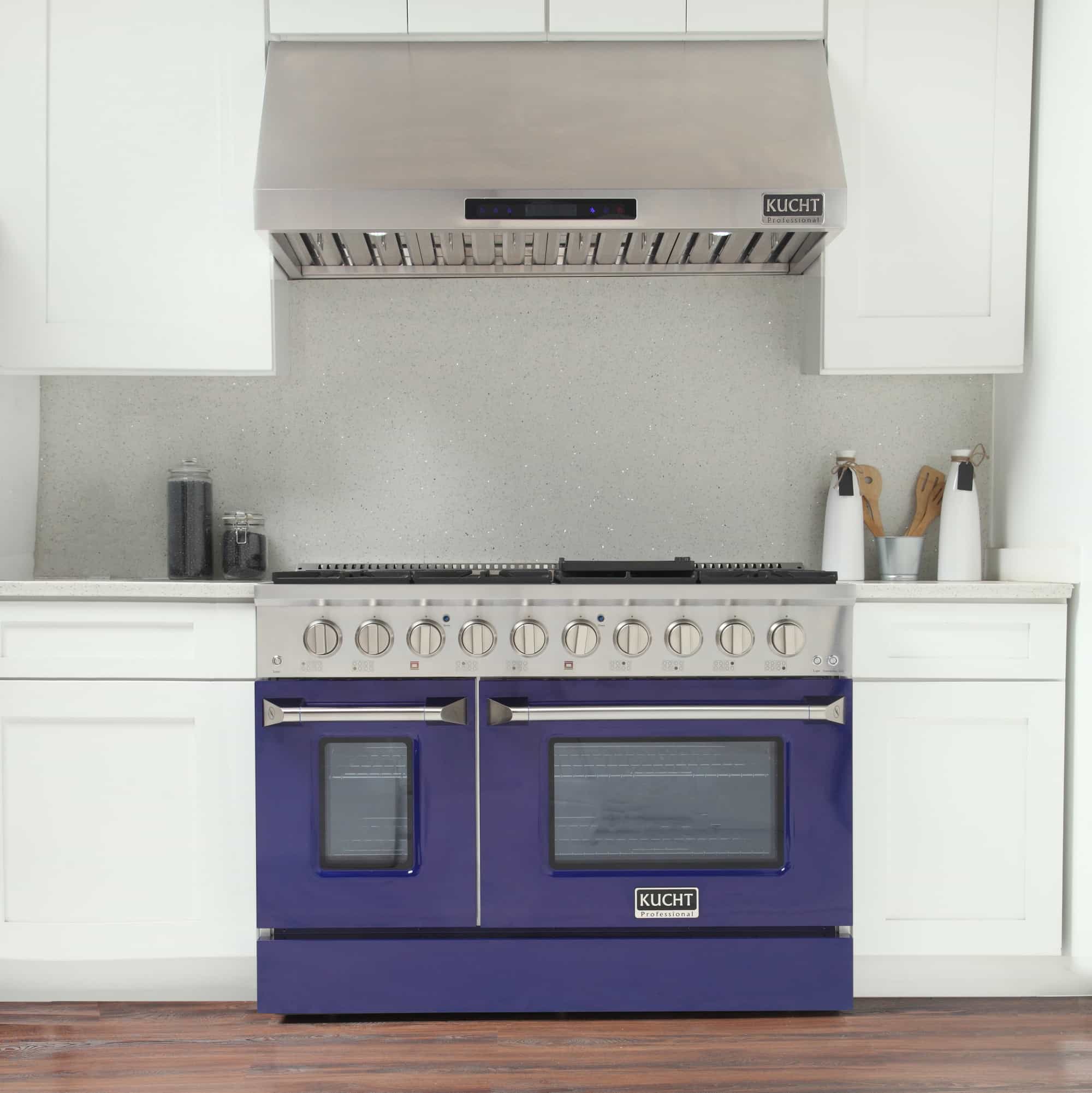 Dual fuel gas range with stainless top, blue oven doors, and side control panel