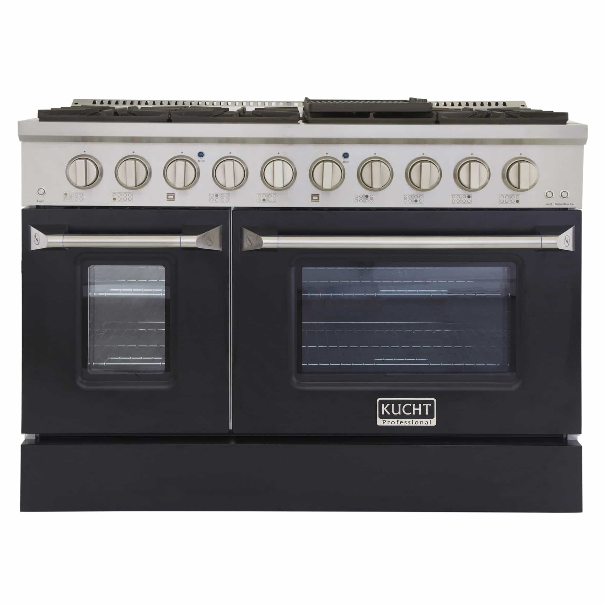 Kucht stainless dual fuel range with black oven doors and control knobs on top