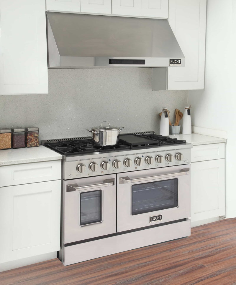 Kucht 4-Piece Appliance Package - 48-Inch Dual Fuel Range in Propane Gas with Refrigerator, Under Cabinet Hood, & Dishwasher in Stainless Steel (APK4-KDF482/LP-S-20A)