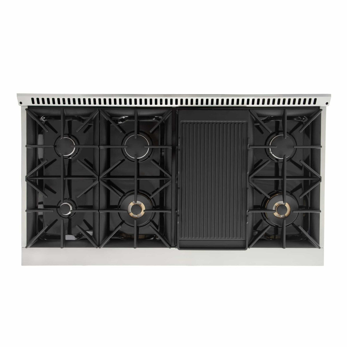 Stainless steel dual fuel range cooktop with black grates and ribbed griddle insert