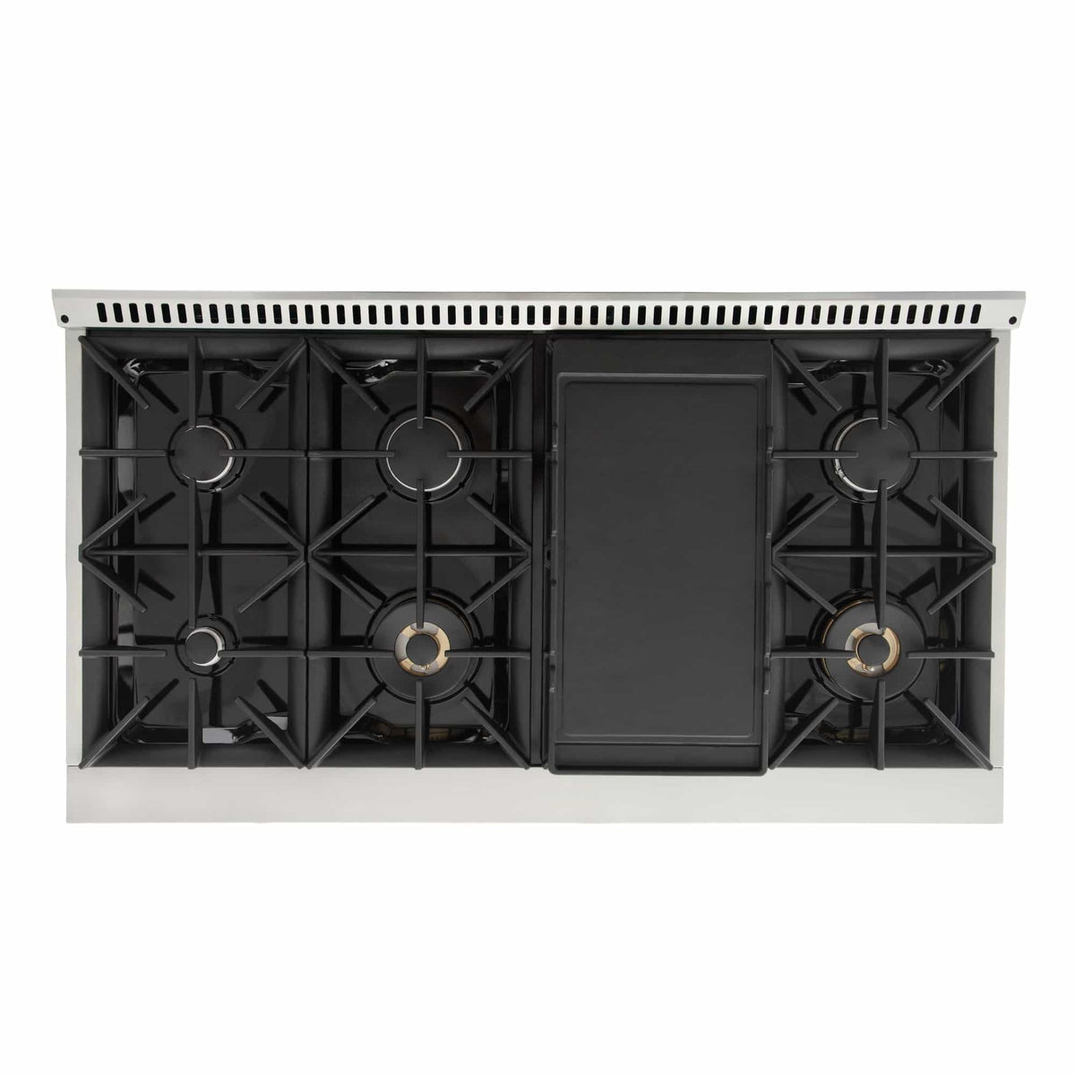 Dual-fuel range burner grate with central black griddle-style cover