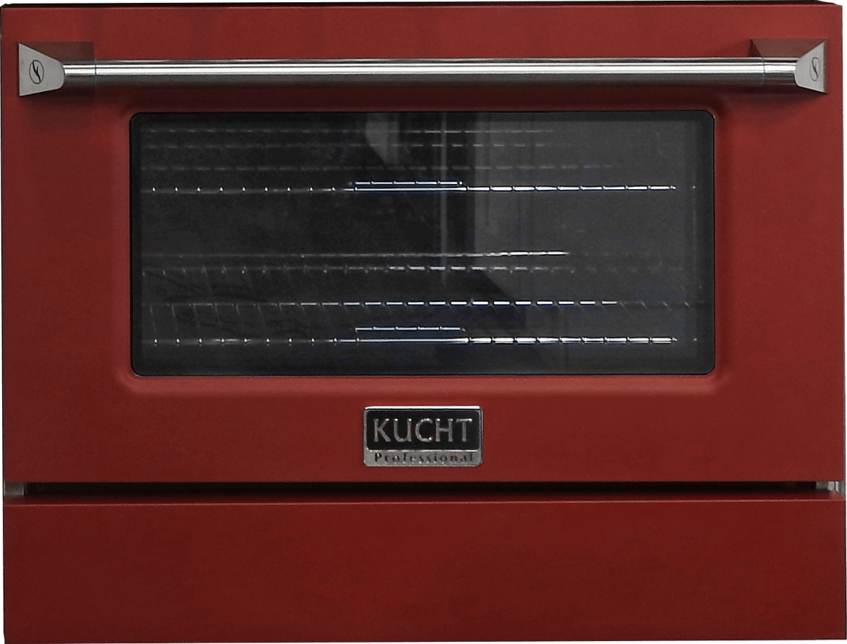 Red oven door of Kucht range with handle and oven window