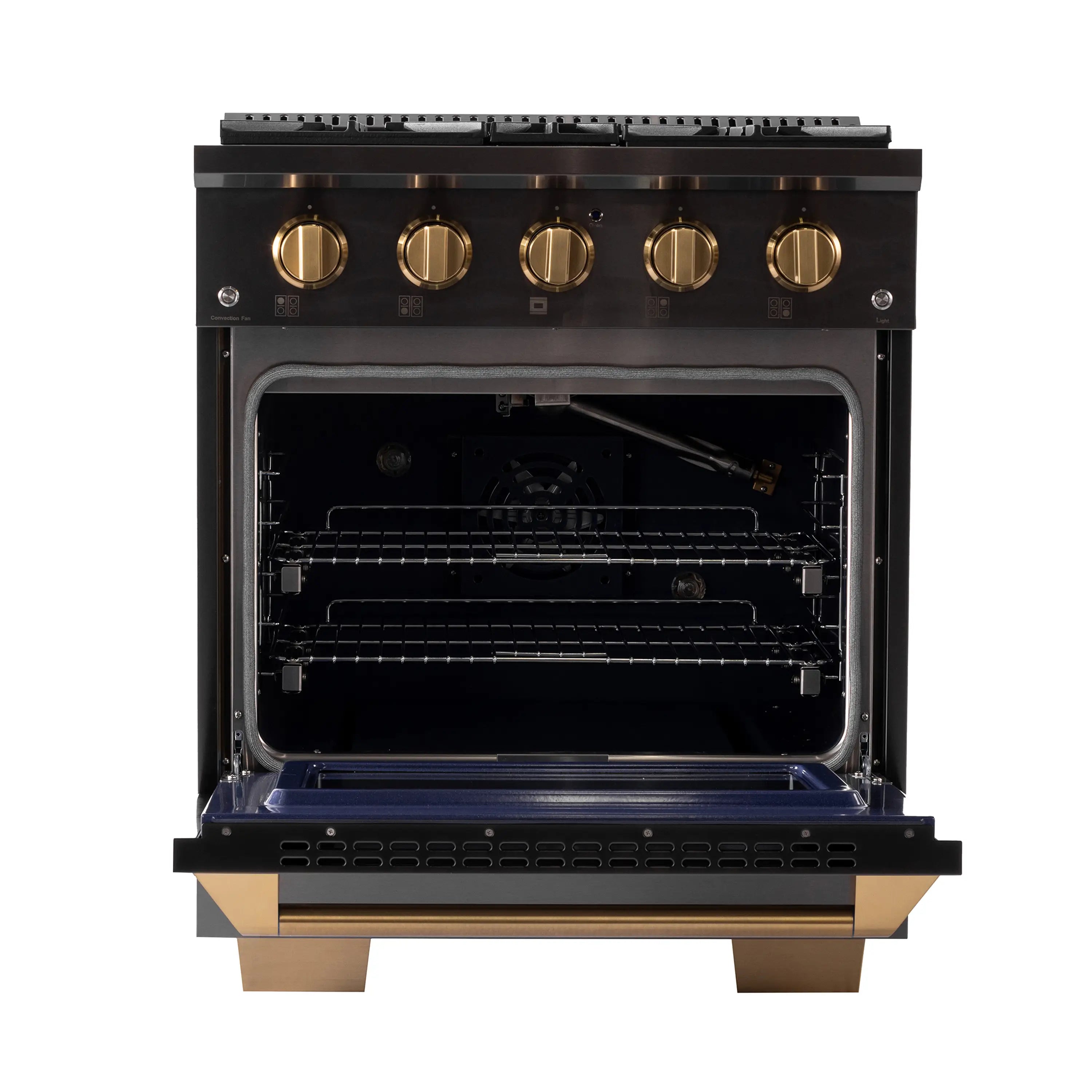 Dual-fuel range open oven with wire racks and gold control knobs