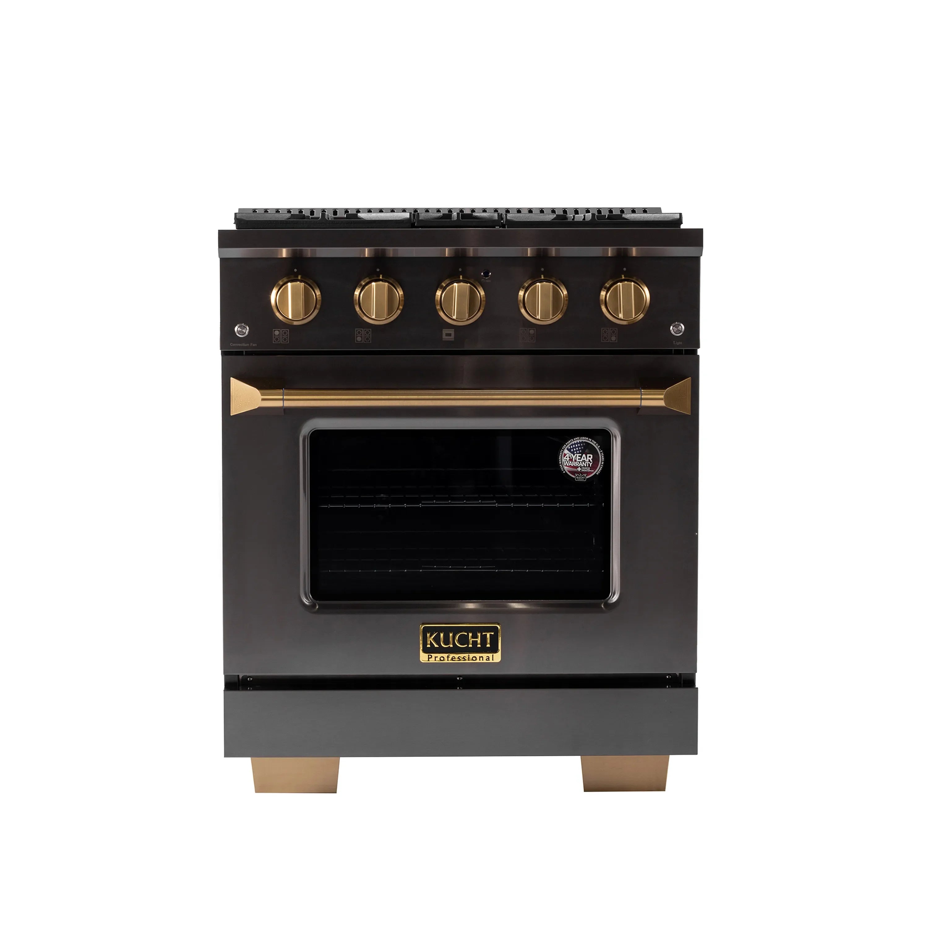Titanium stainless dual-fuel range with dark control panel and windowed oven door.