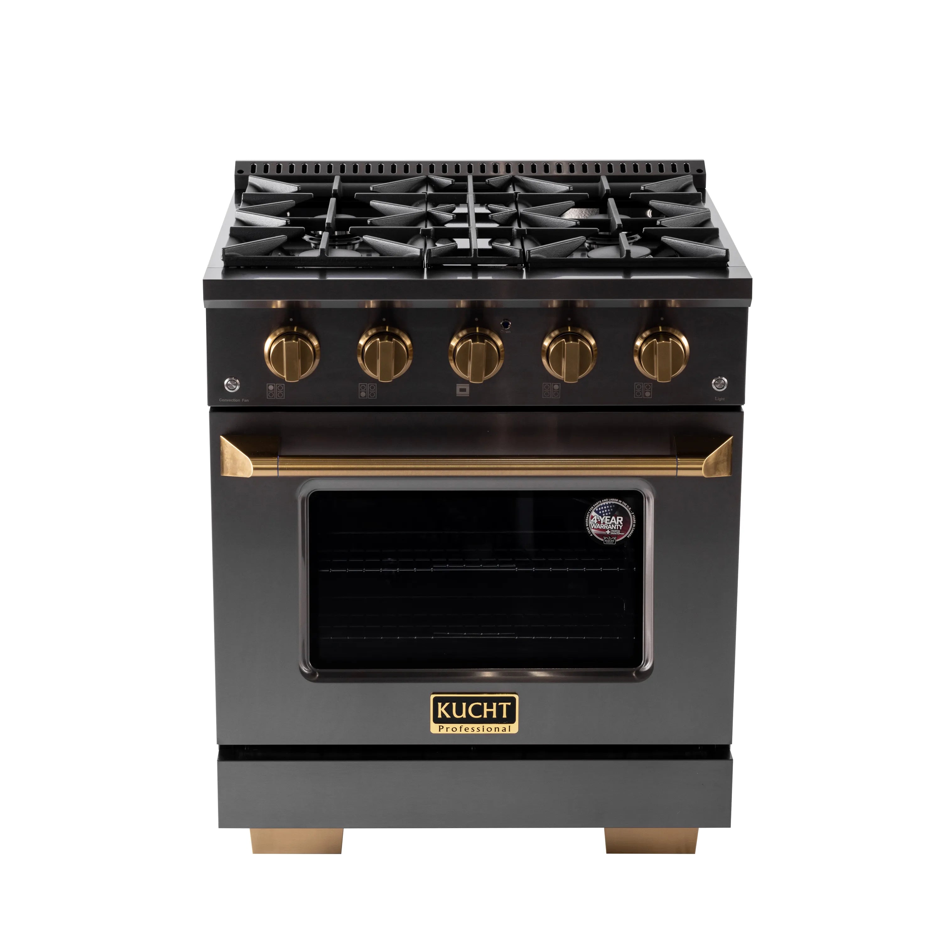 Dual-fuel range with open oven, visible burner grates, and gold control knobs