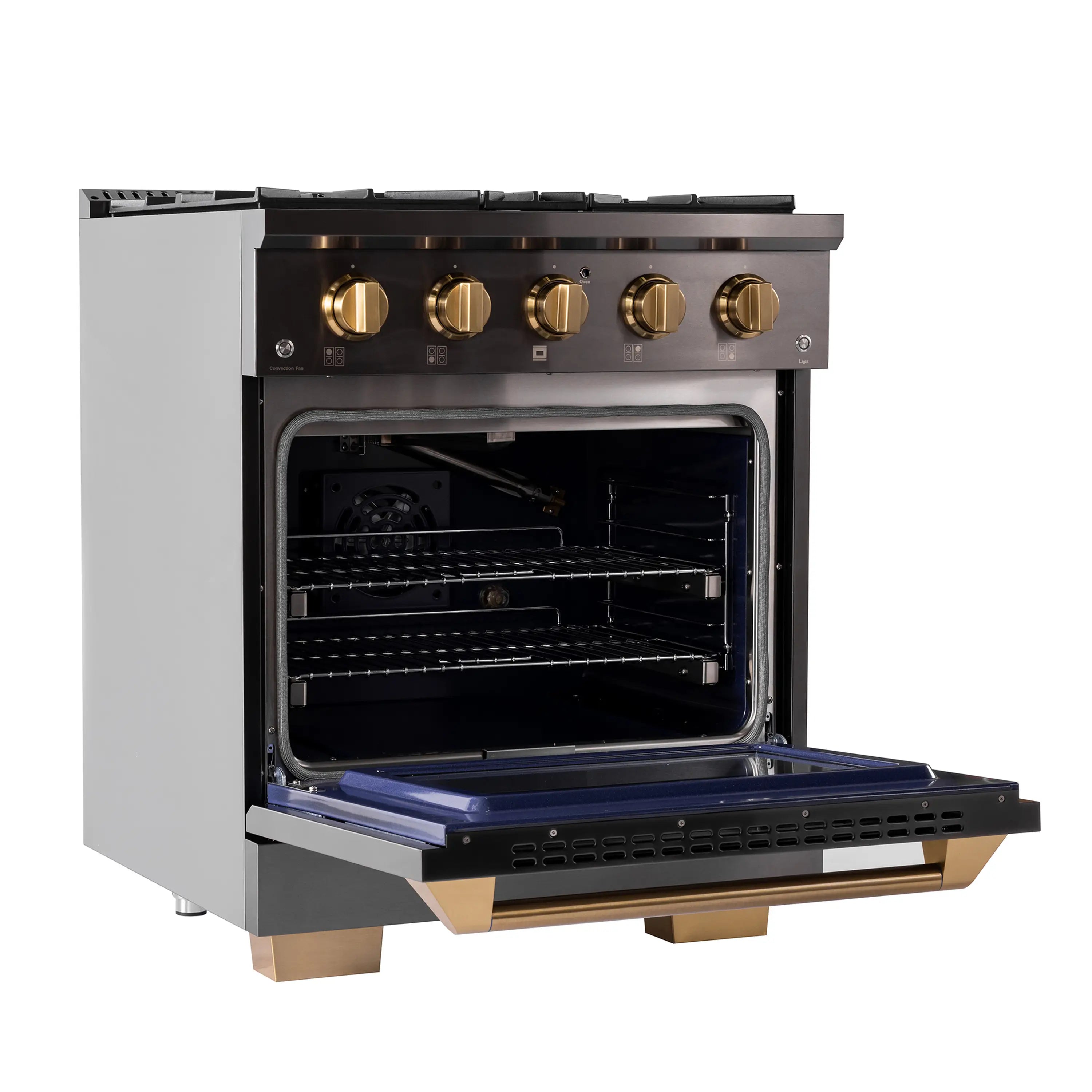 Dual-fuel range with open convection oven door, racks, and gold control knobs