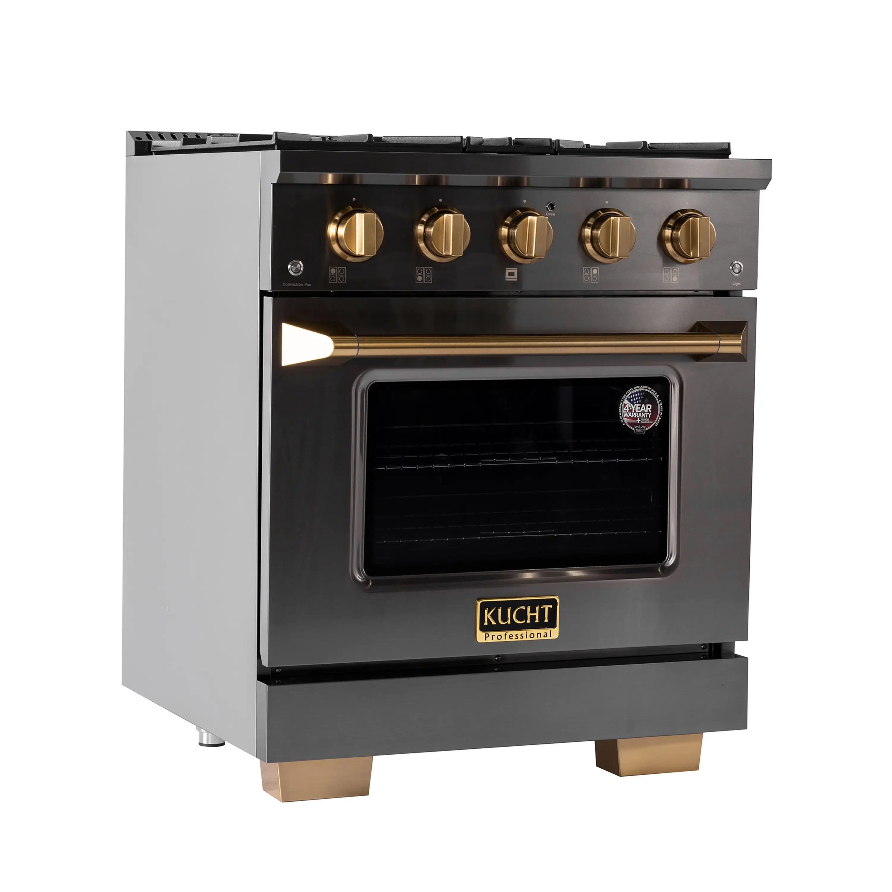 Titanium stainless gas range with gold knobs and oven door open