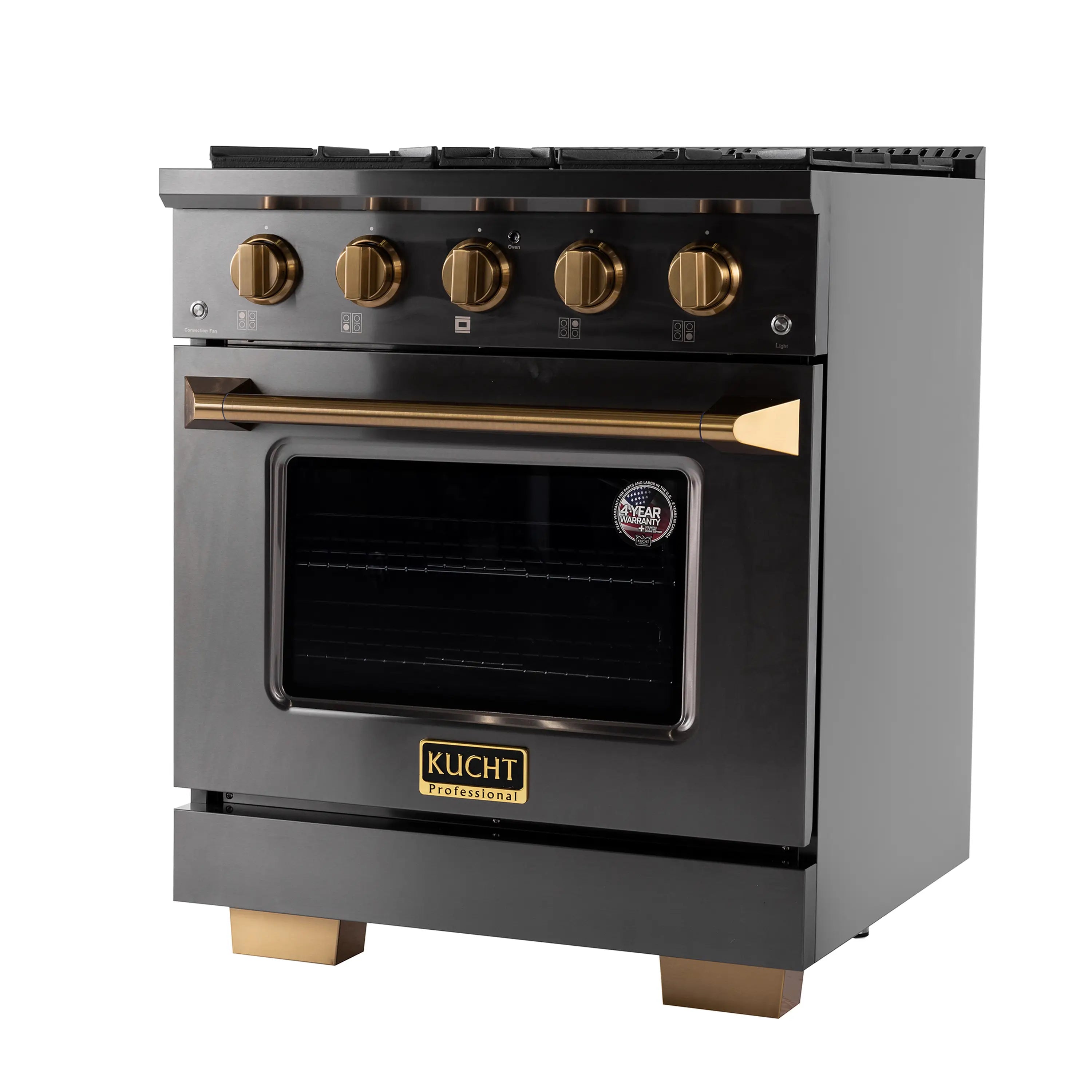 Front view of titanium stainless gas range with gold knobs and oven door open