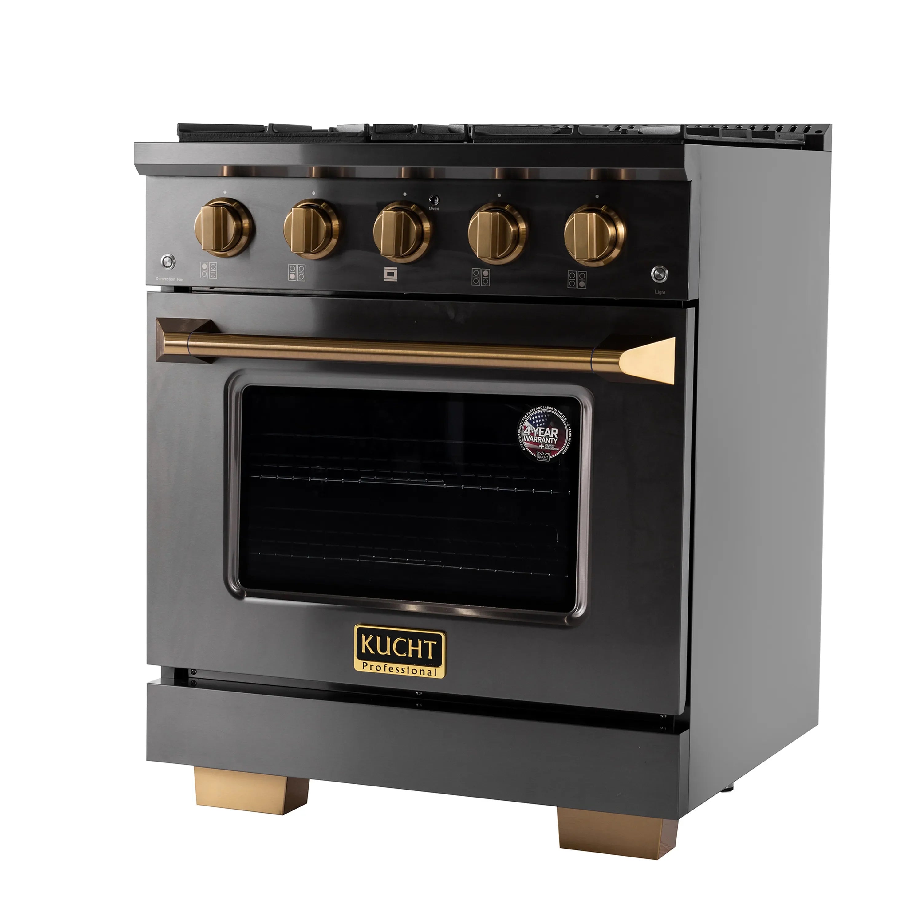 Titanium stainless dual-fuel range with control knobs and oven door window.