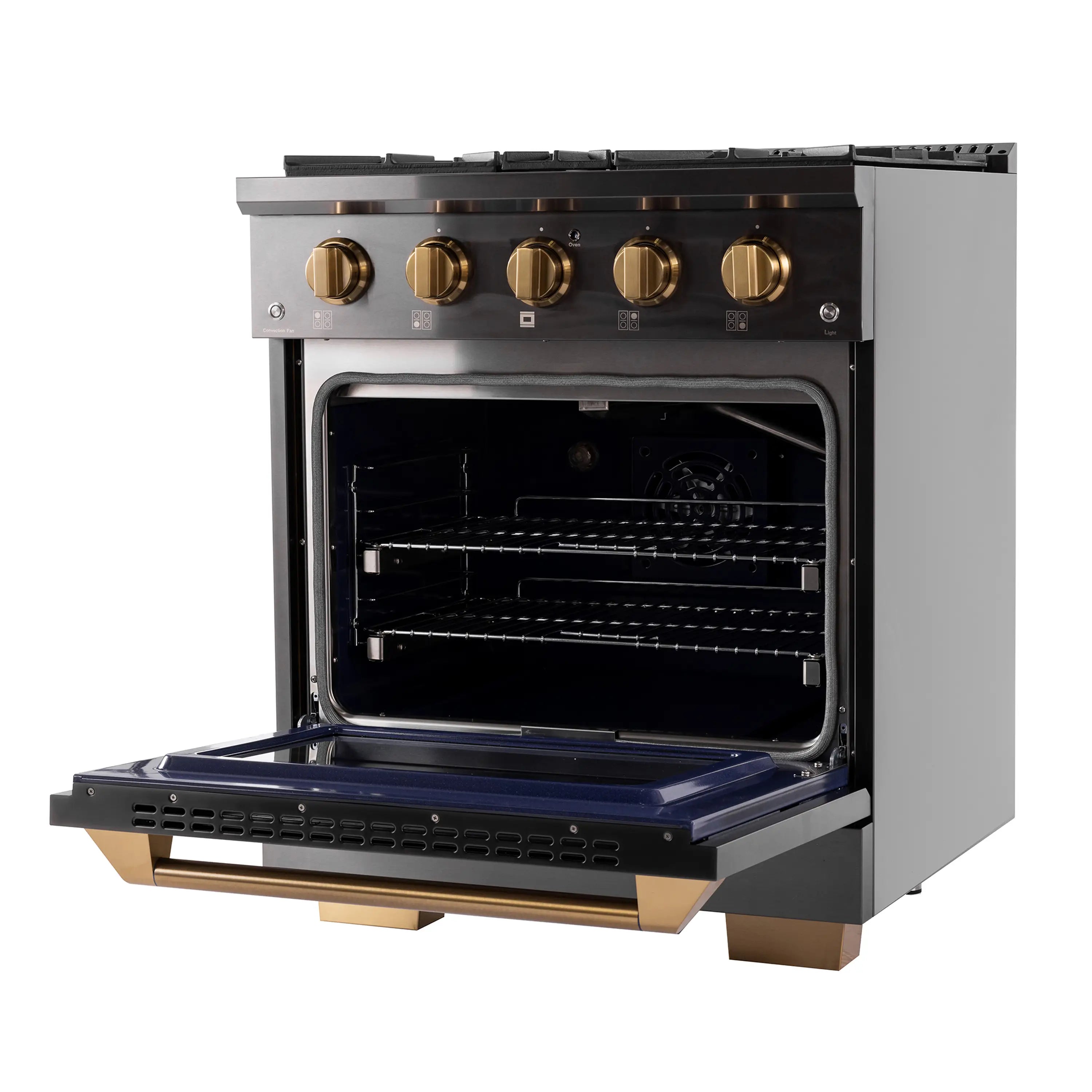Titanium stainless gas range with convection oven open, blue-tinted tray liner