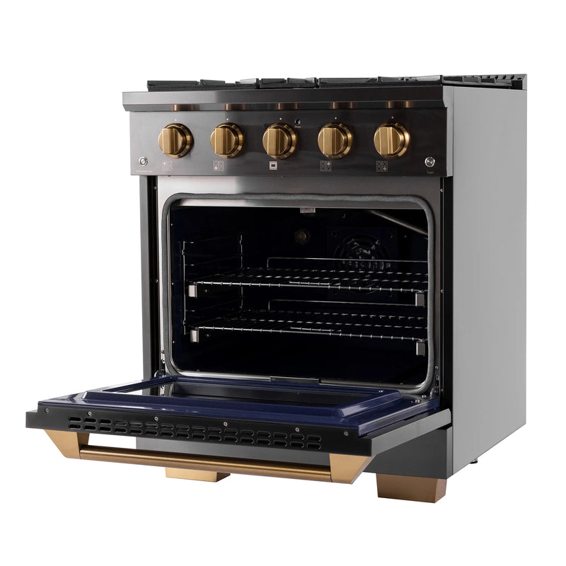 KUCHT Gemstone Professional 30-Inch 4.2 cu. ft. Propane Gas Range with Sealed Burners and Convection Oven in Titanium Stainless Steel with Gold Accents (KEG303/LP)
