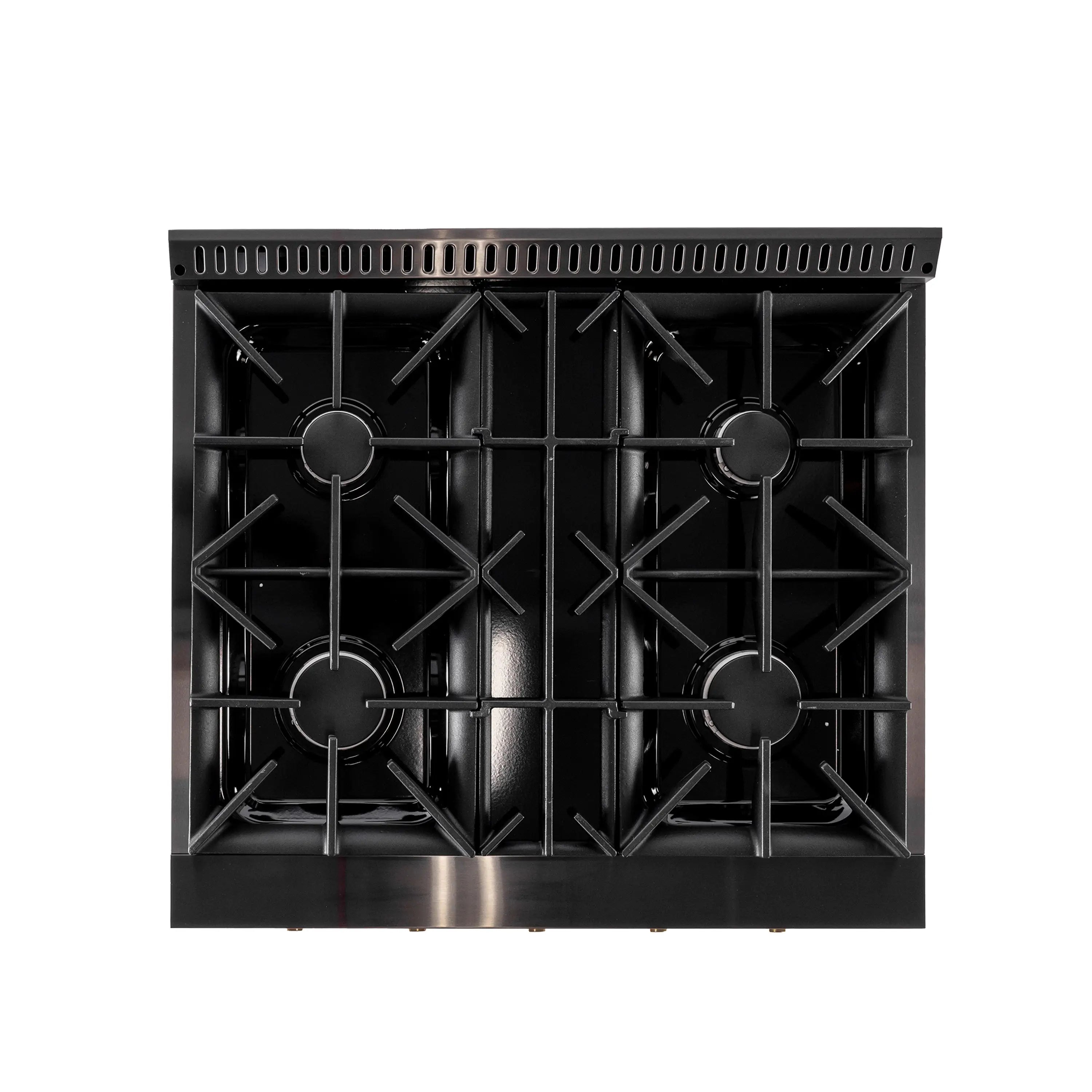 Dual-fuel range back view with black oven cavity and four burner grates