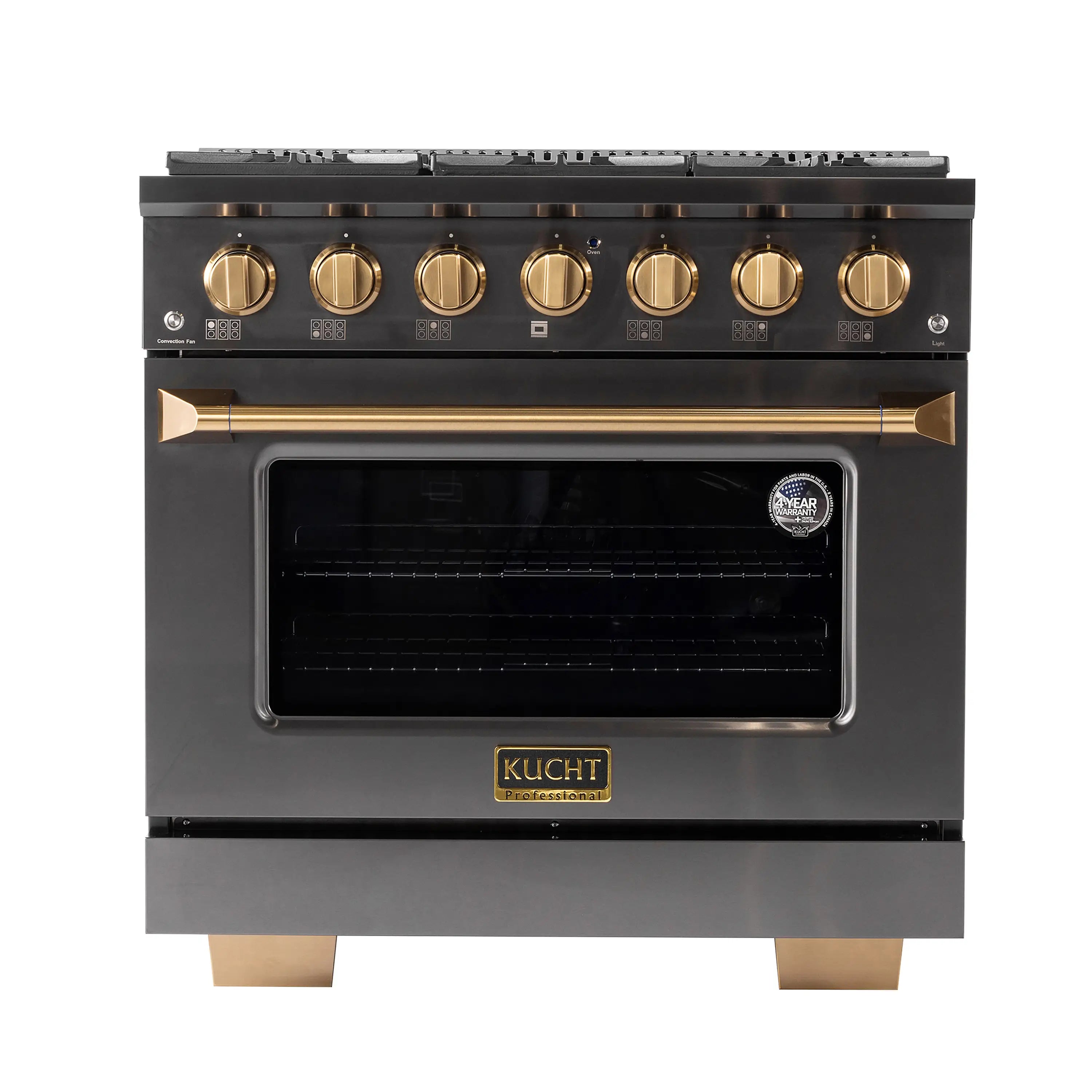 Titanium stainless dual fuel range with gold knobs and convection oven window