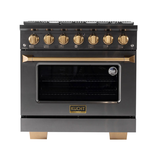 KUCHT Gemstone Professional 36-Inch 5.2 cu. ft. Propane Gas Range with Sealed Burners and Convection Oven in Titanium Stainless Steel with Gold Accents (KEG363/LP)