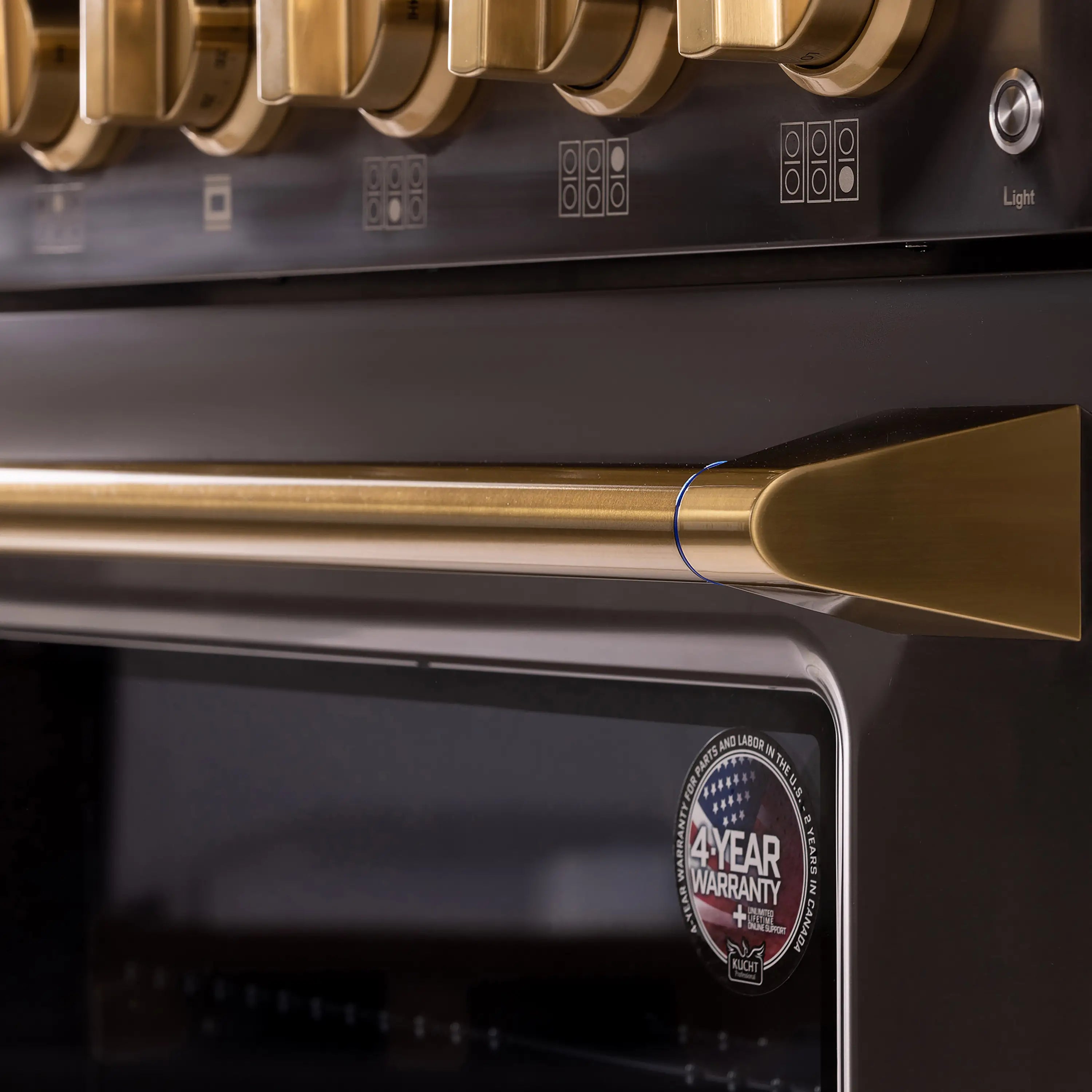 Dual fuel range oven handle and control panel with a 4-year warranty badge
