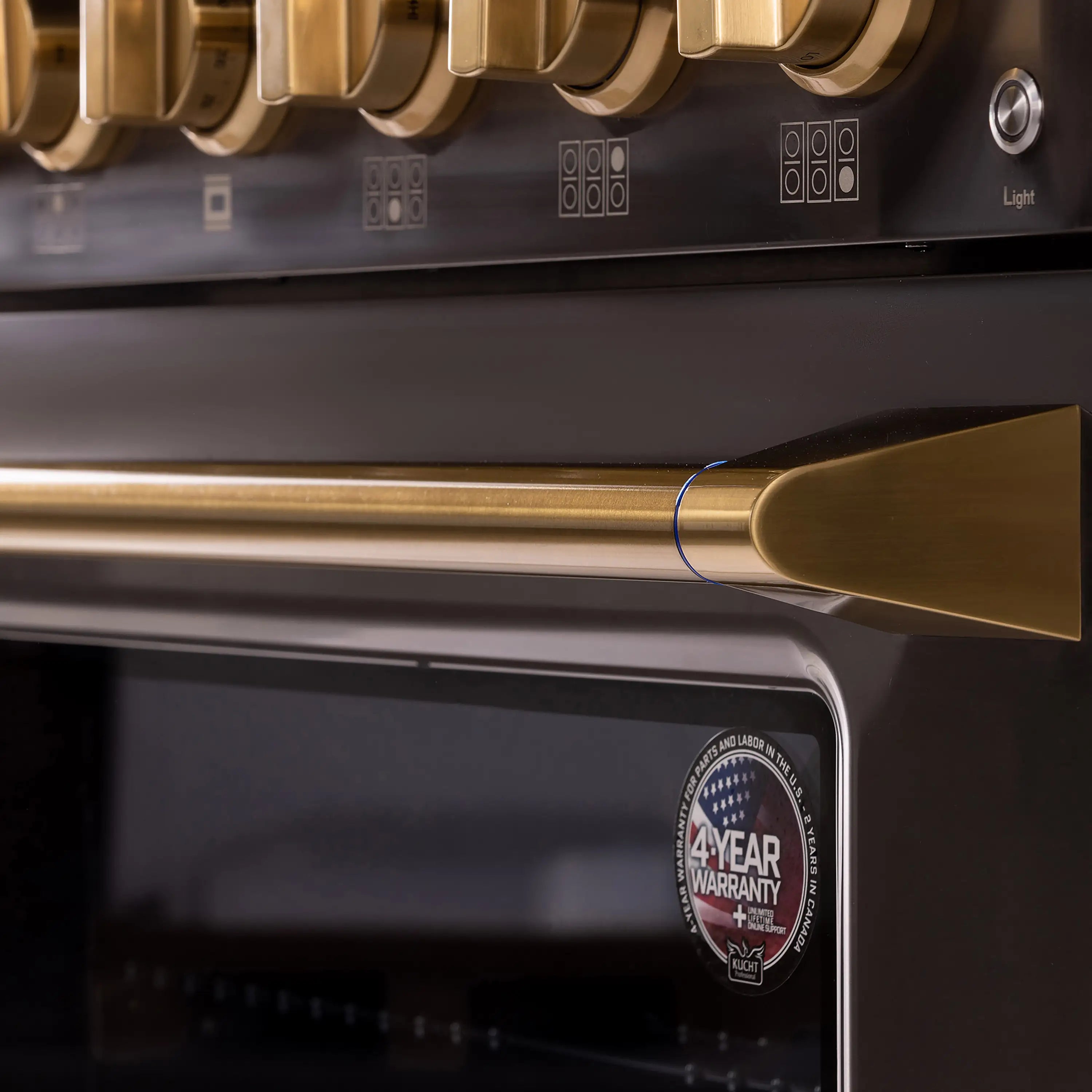 Gas range oven control panel with gold handle and label markings