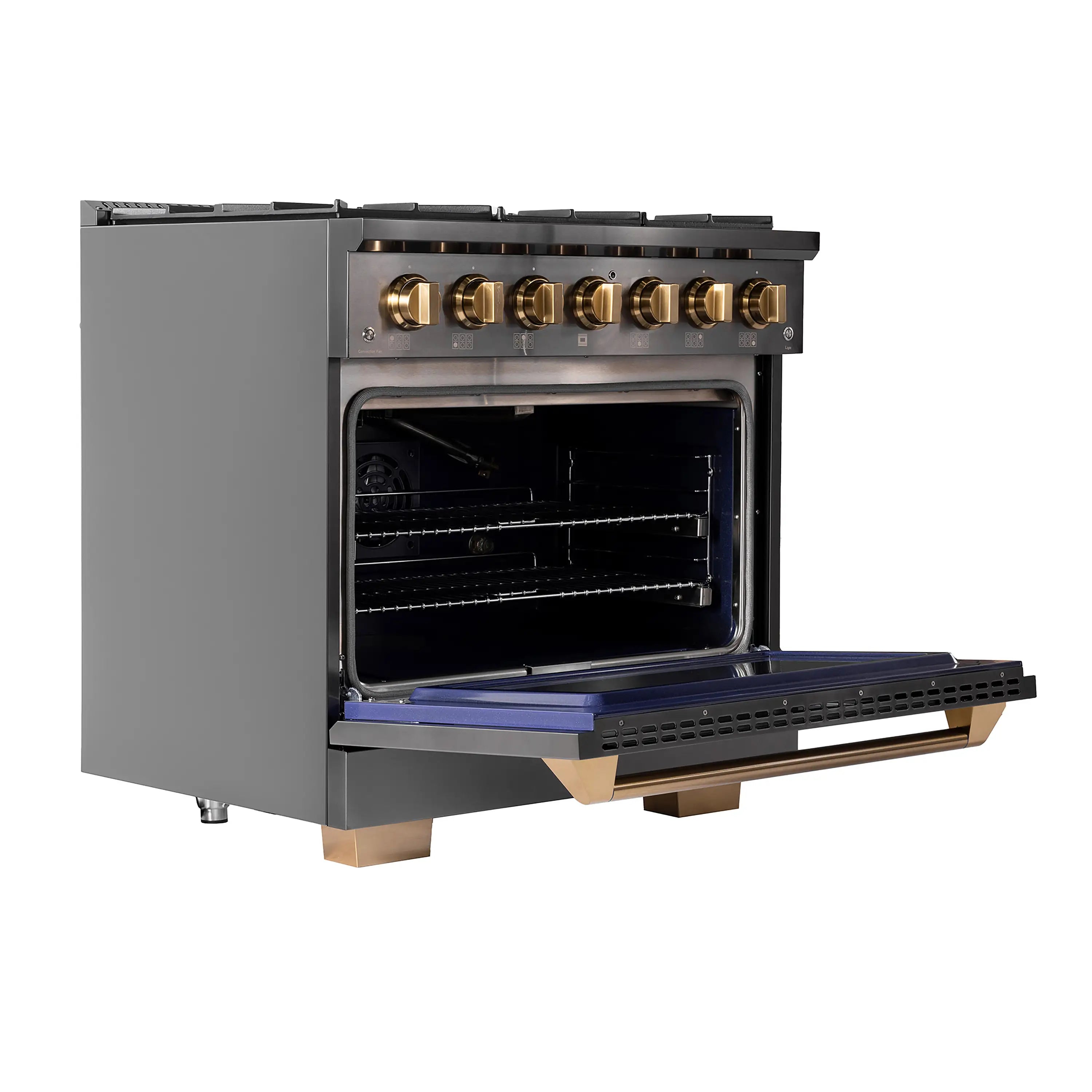Gas range oven door open, showing racks and blue-lit broiler area