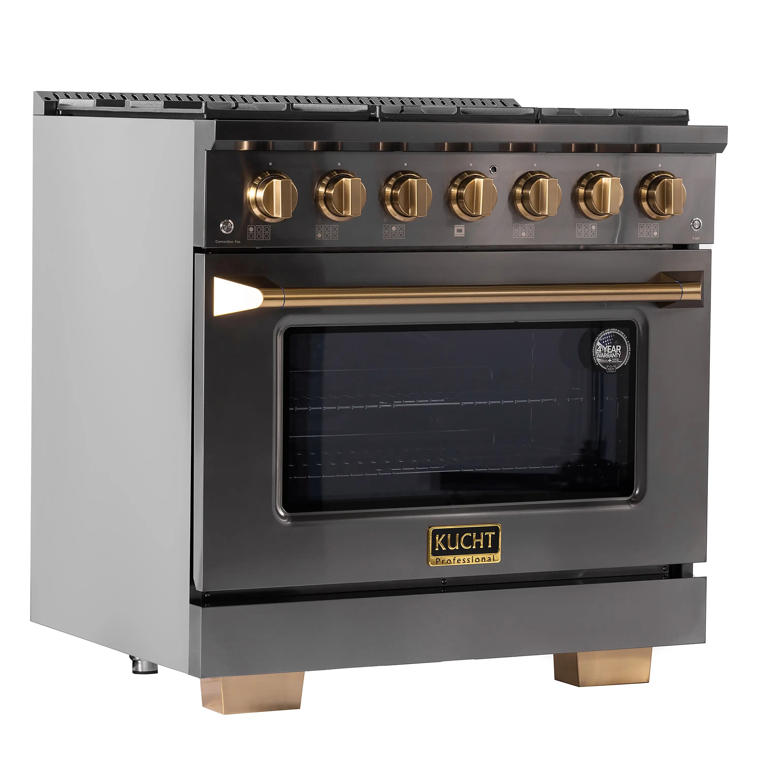 Gas range front with oven door open, dark oven window, and gold control knobs
