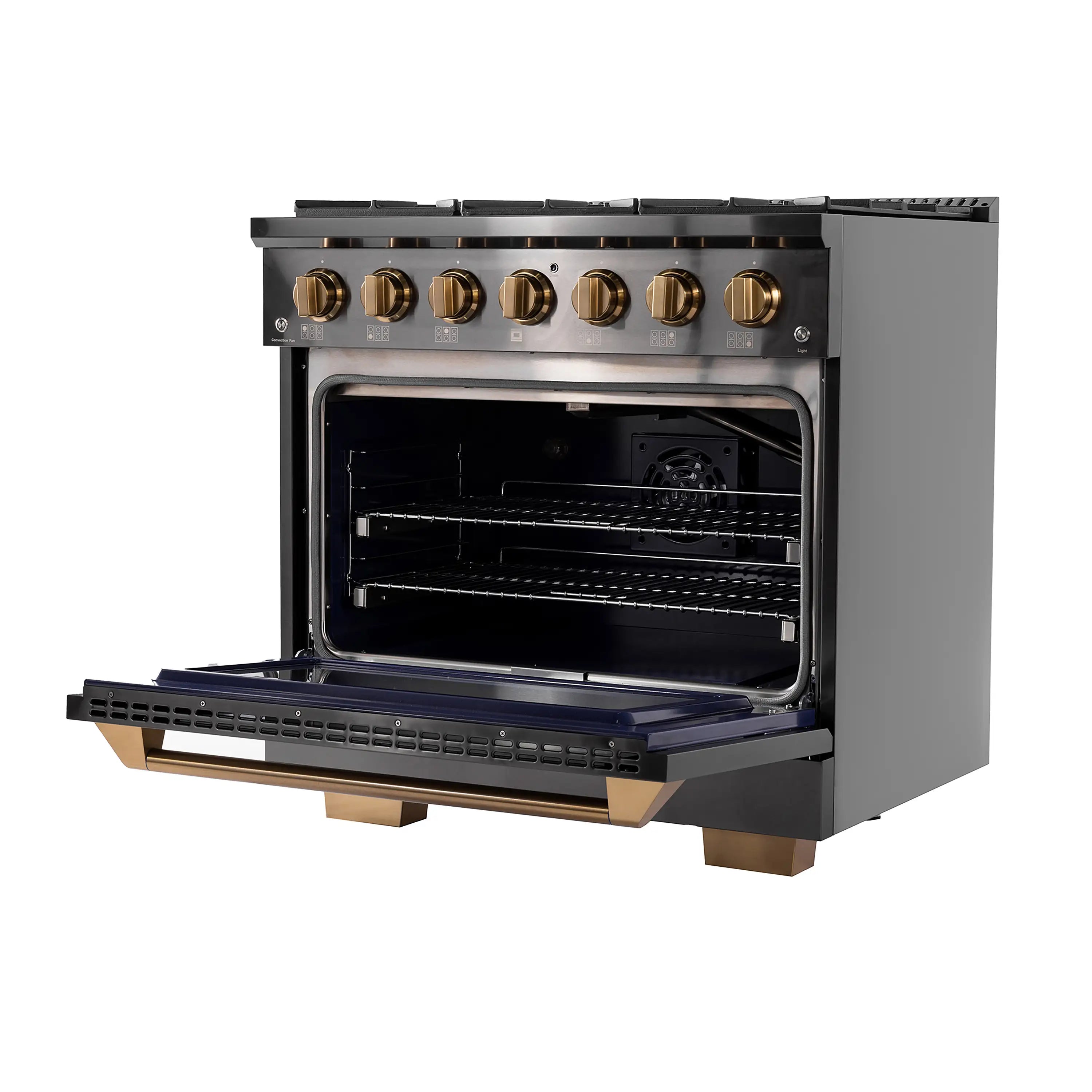 Gas range oven door open with racks, blue interior light, and gold edge trim
