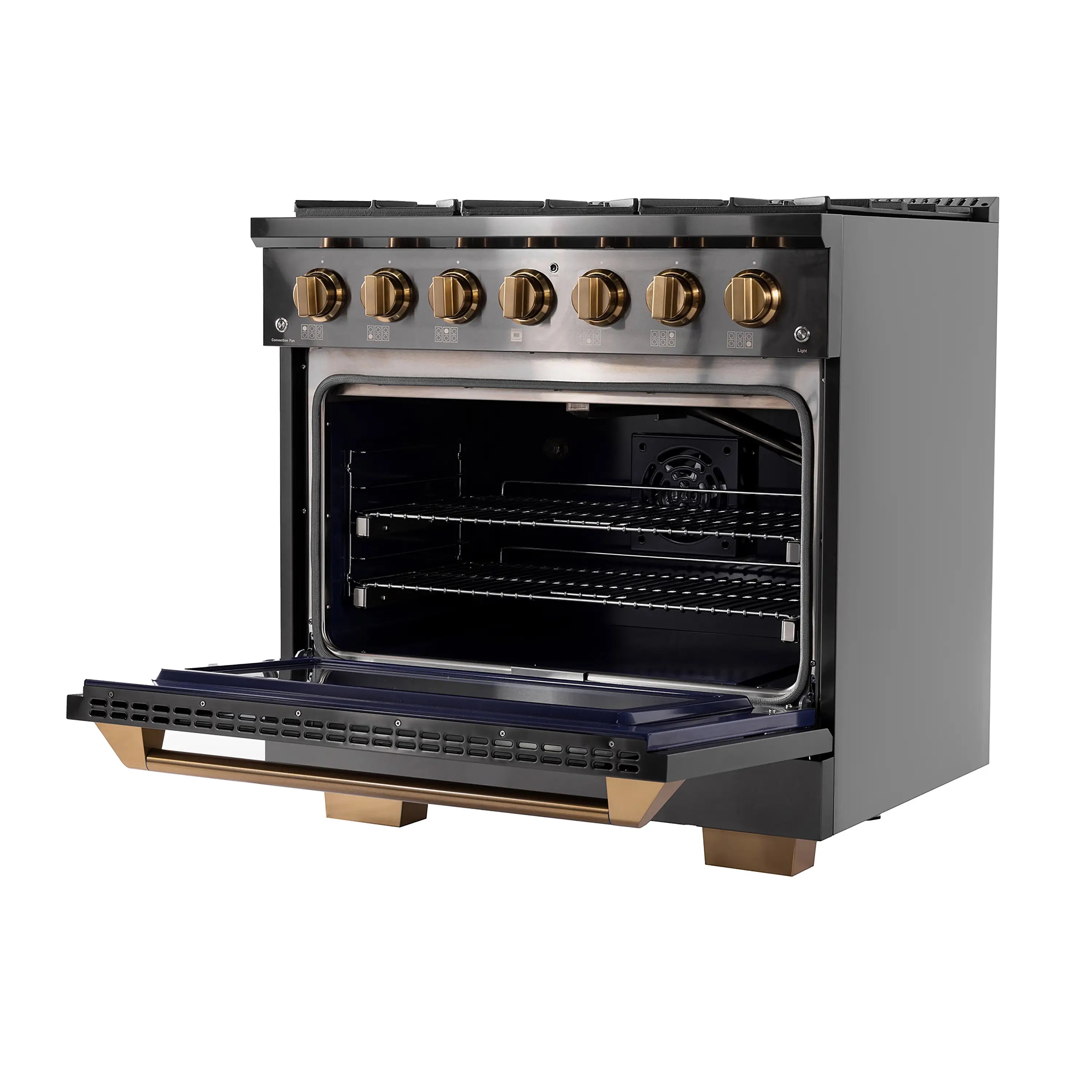Titanium stainless steel dual fuel range with convection oven door open and metal rack