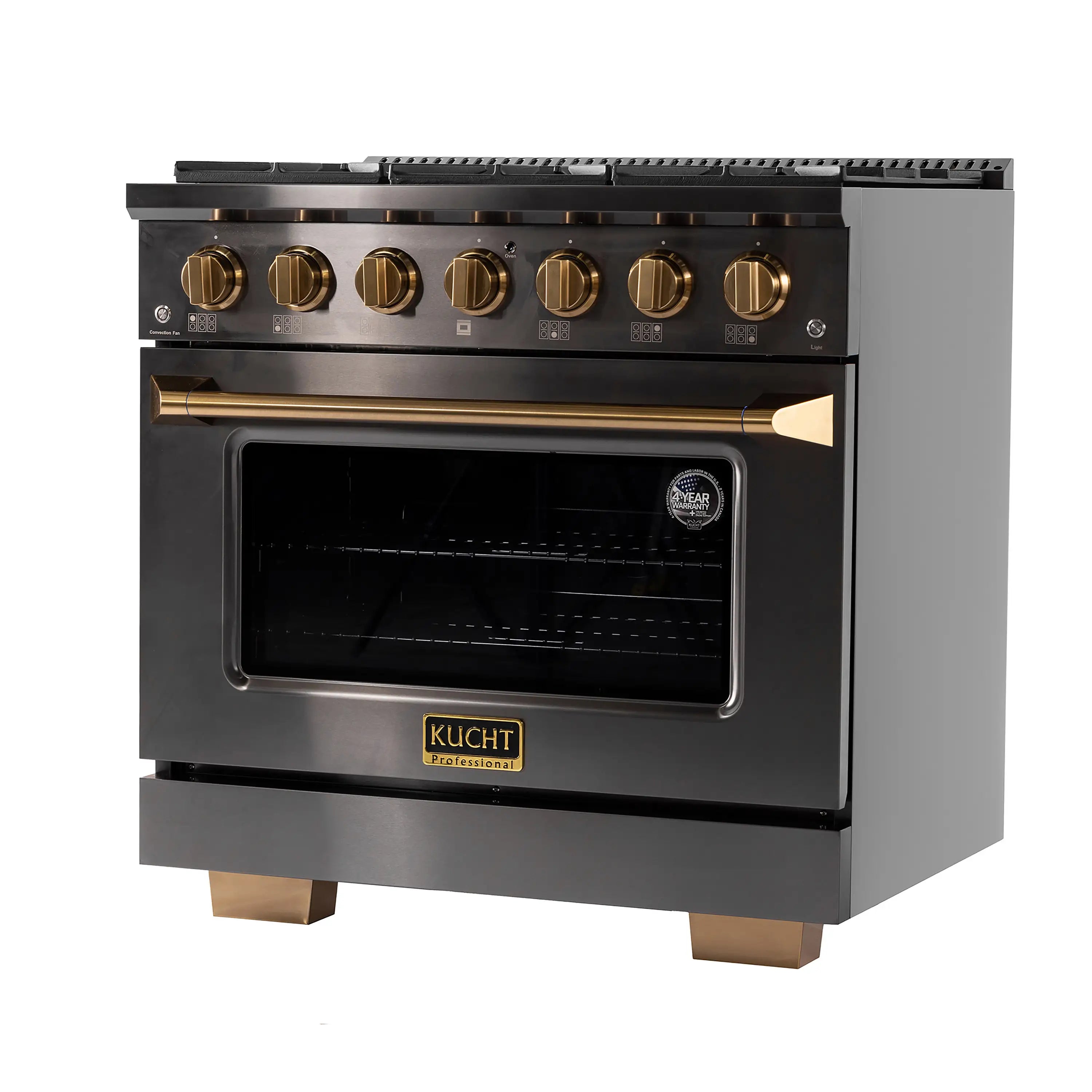 Stainless steel gas range with convection oven door, gold knobs, and sealed burners