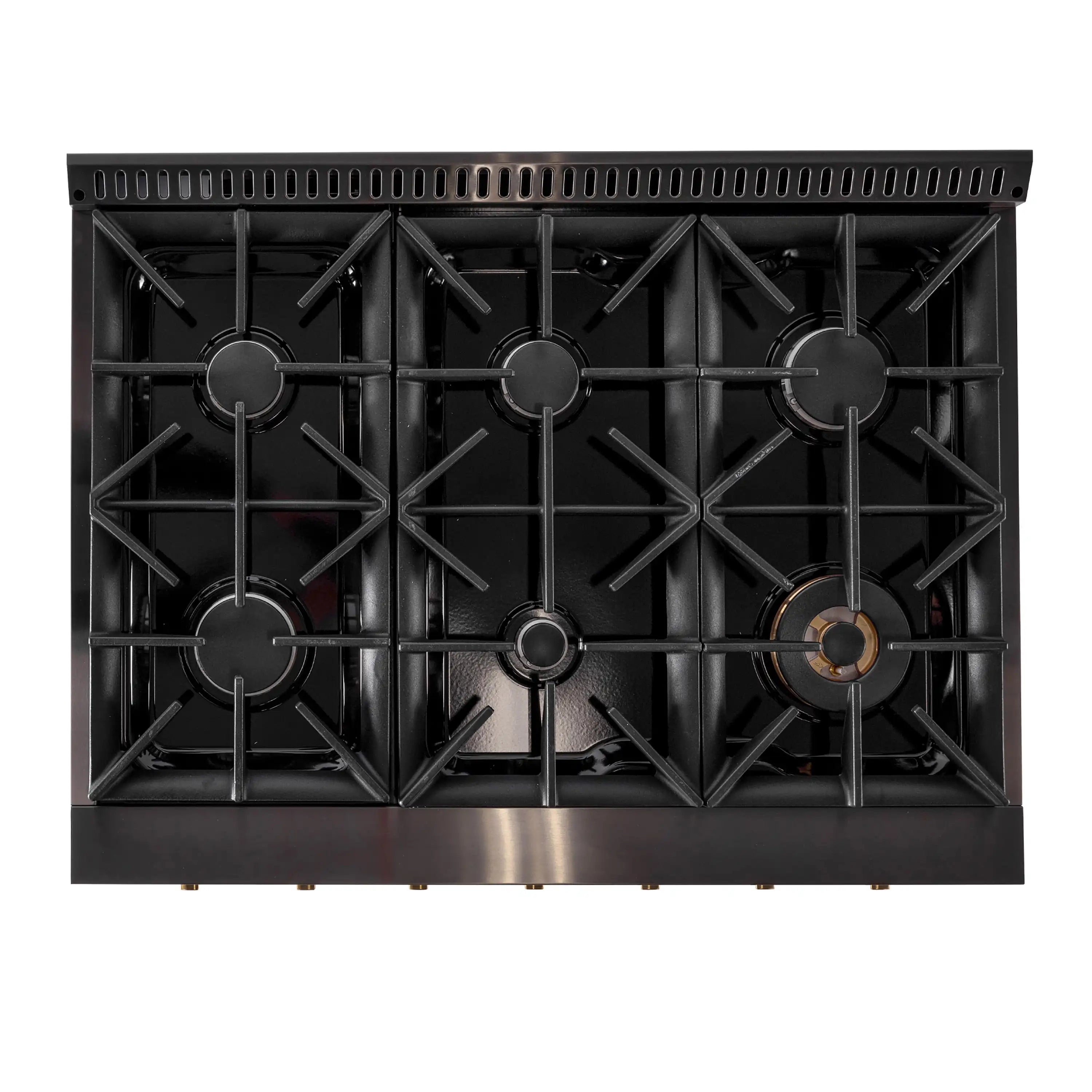 Dual fuel range cooktop with cast-iron grates and burners exposed