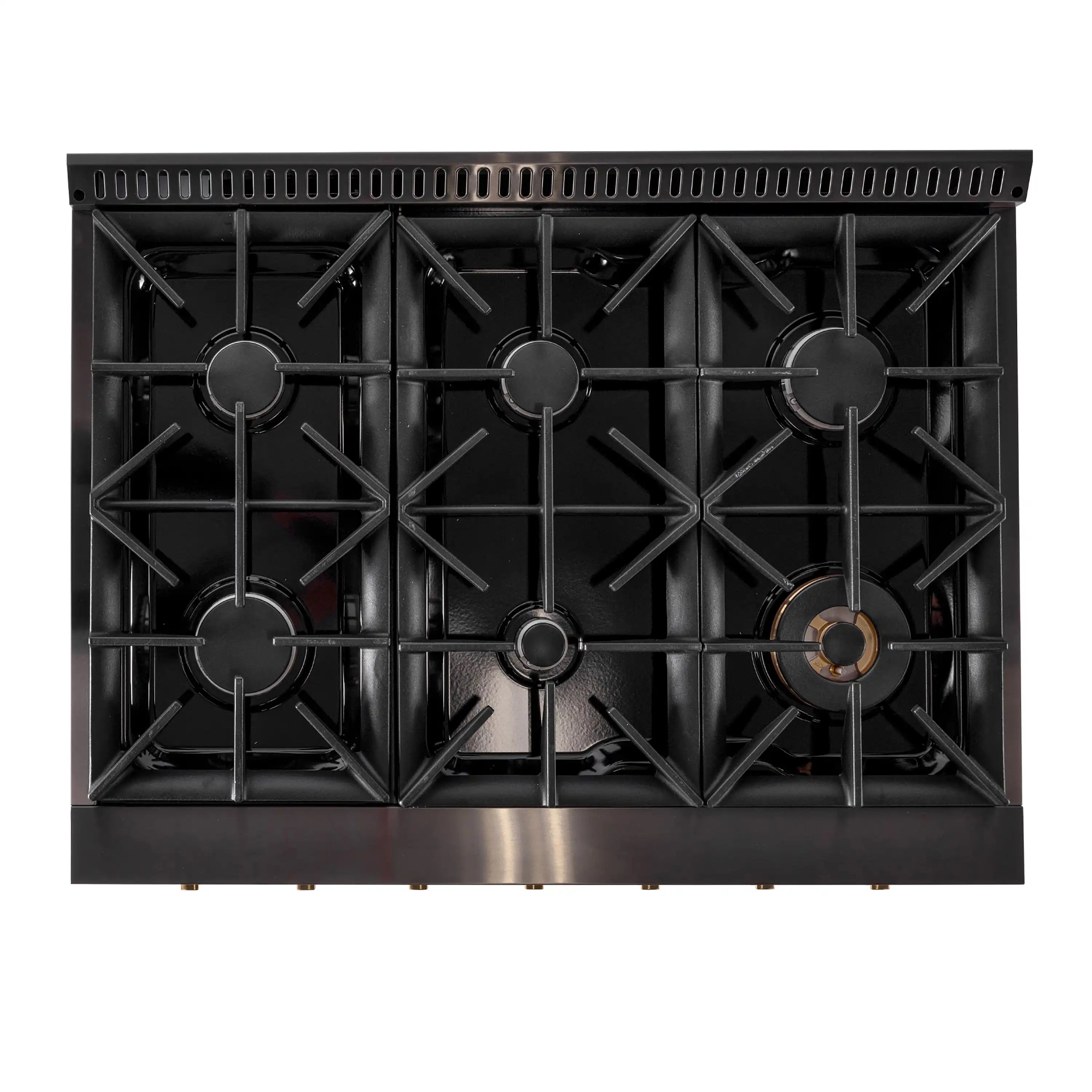 Gas range cooktop with black sealed burners and cast-iron grate arrangement