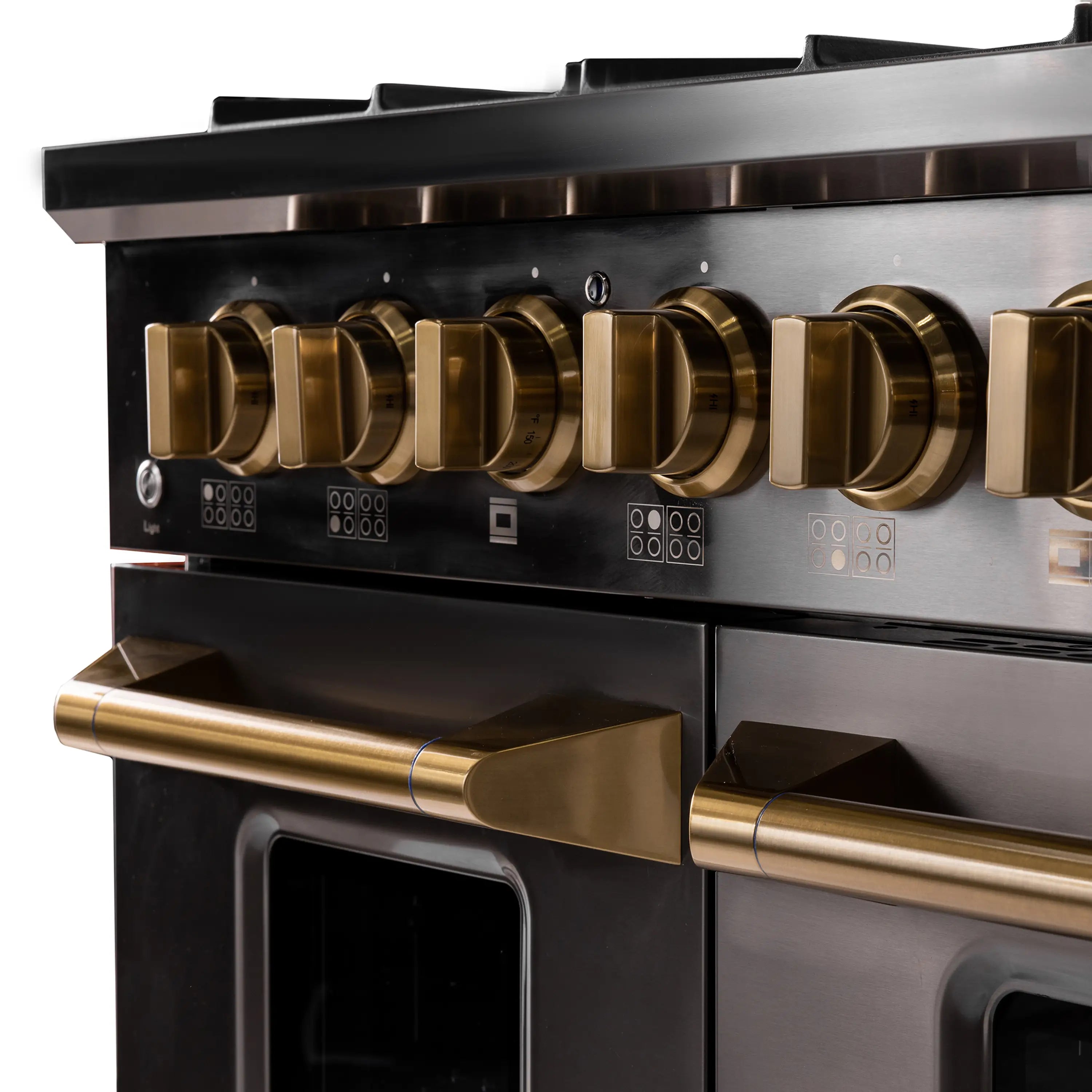 Titanium stainless steel range control panel with gold burner knobs and switches