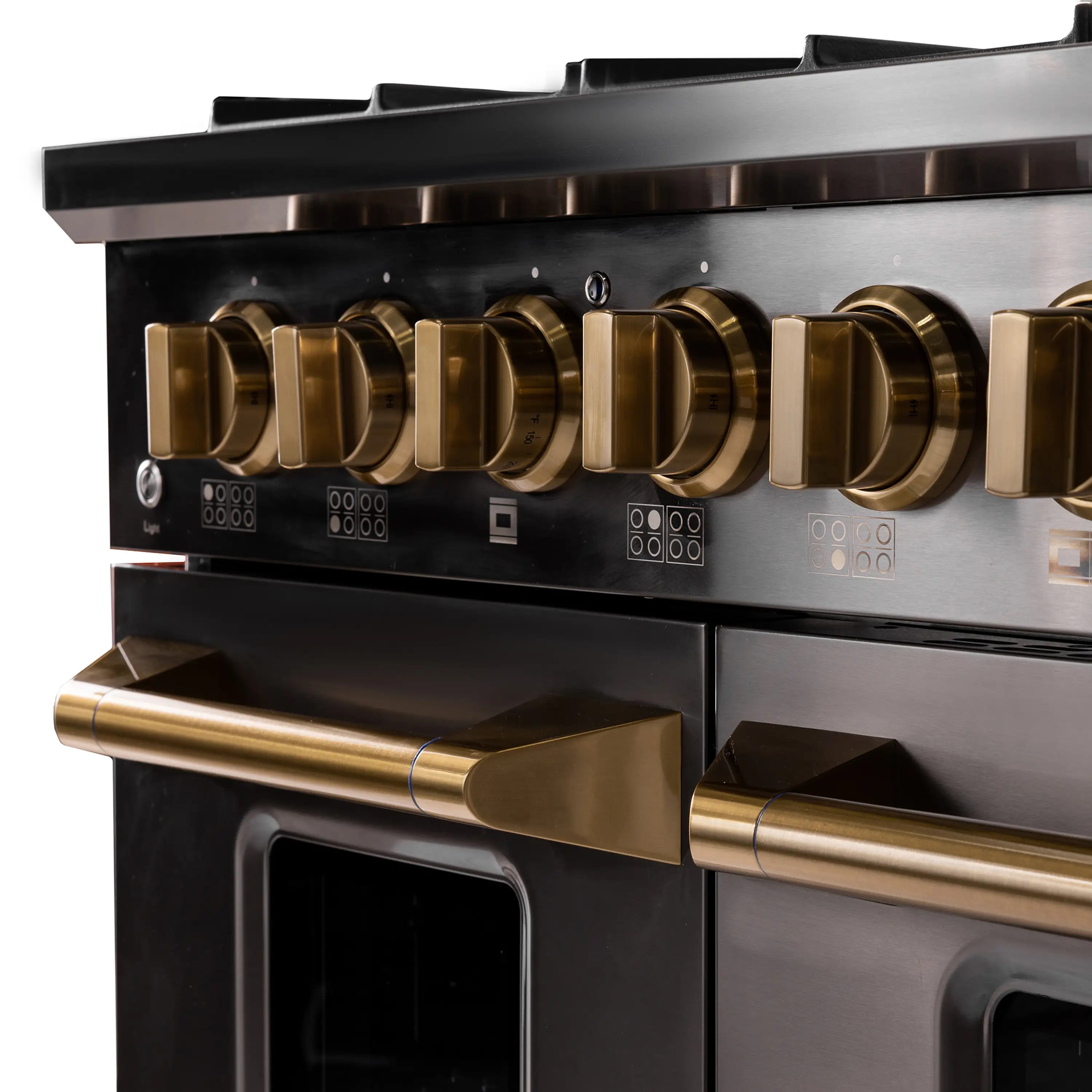 Stainless steel gas range front with brass control knobs and open grill/griddle