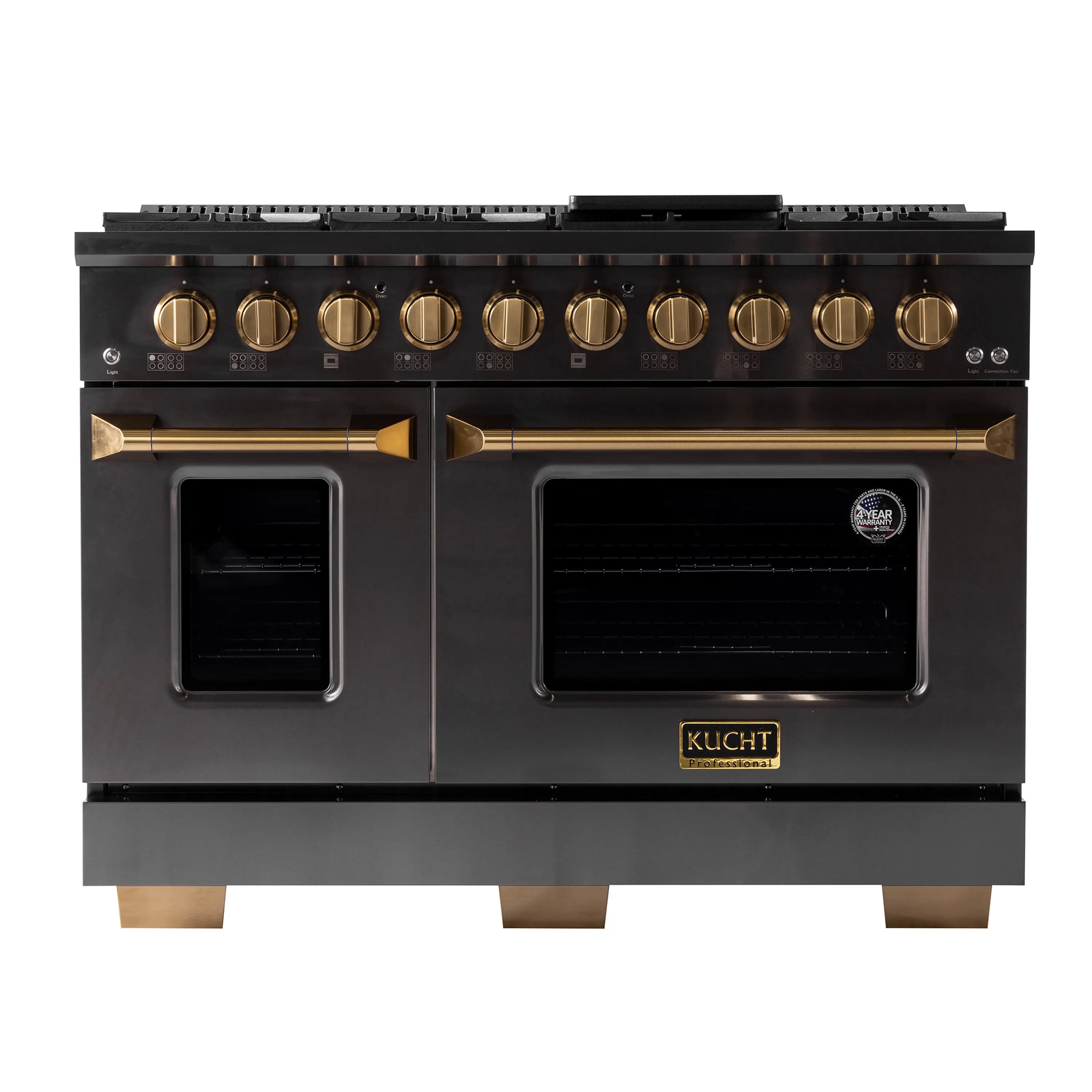 Titanium stainless steel dual fuel range with gold knobs, grates, and open door compartments