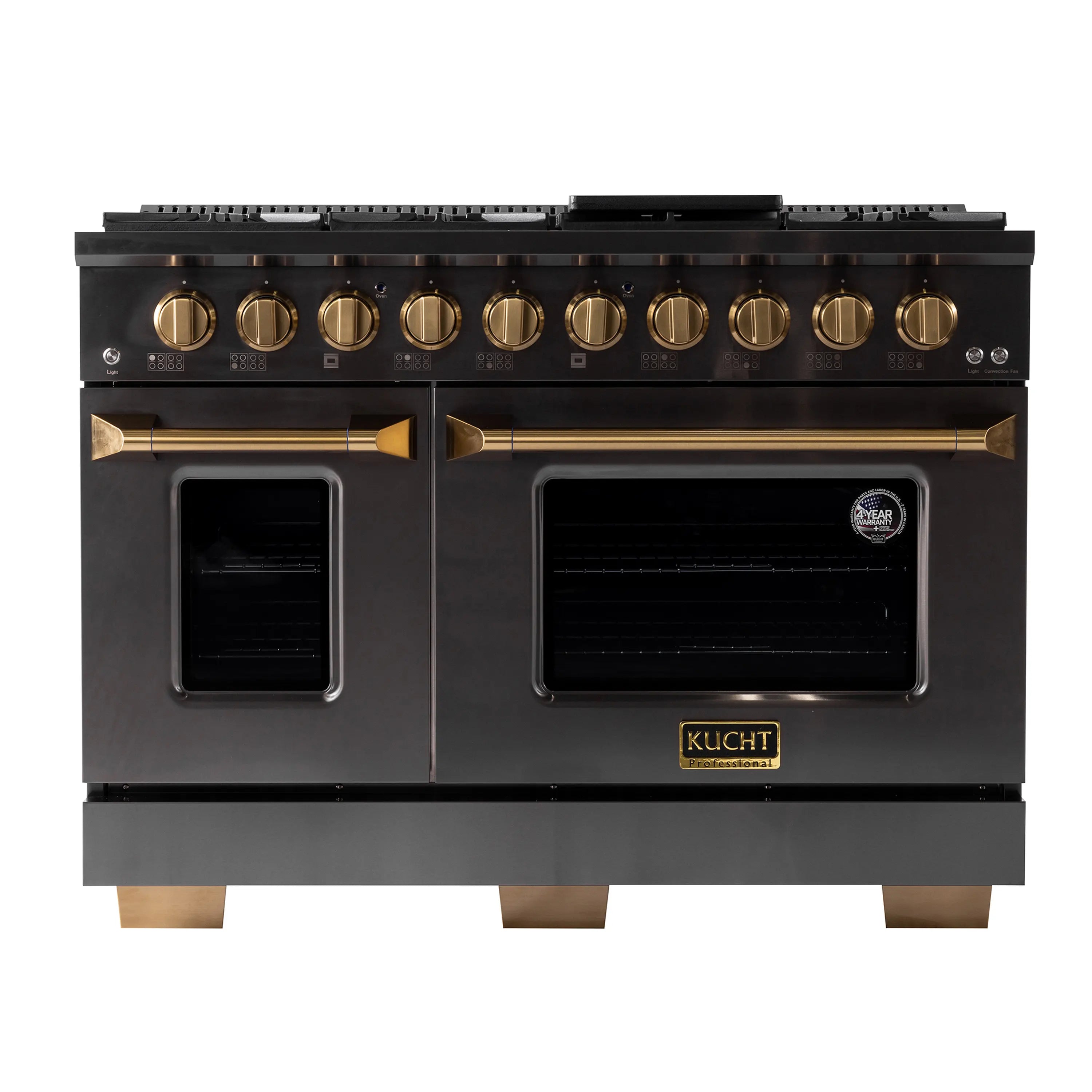 Propane gas range front view with brass knobs, two oven doors, and open griddle/grill